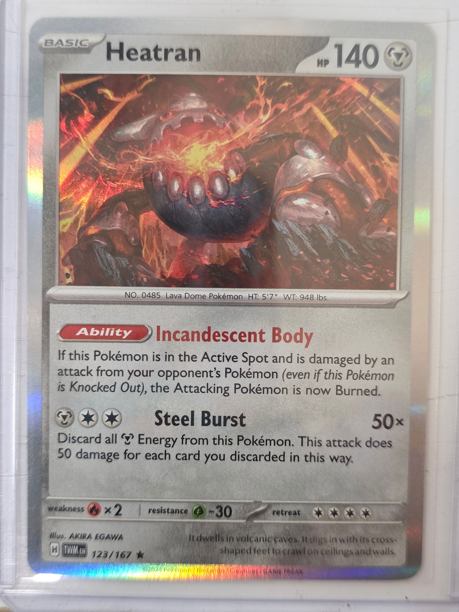 2024 Heatran Twilight Masquerade 123/167 Holo Pokemon Card: 2024 Pokemon Heatran holographic card numbered 123/167 from the Scarlet & Violet Twilight Masquerade expansion set. Illustrated by Akira Egawa. Standard holographic finish across the illustration area