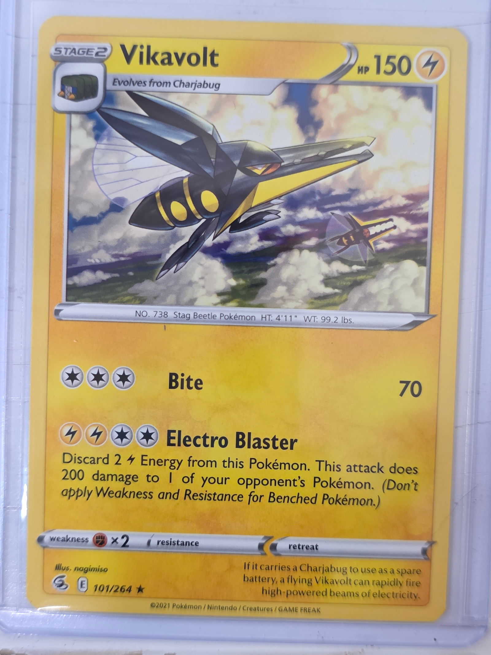 2021 Vikavolt Fusion Strike 101/264 Holo Pokemon Card: 2021 Pokemon Vikavolt holographic card numbered 101/264 from the Sword & Shield Fusion Strike expansion set. Illustrated by nagimiso. Standard holographic finish across the illustration area. Card sto