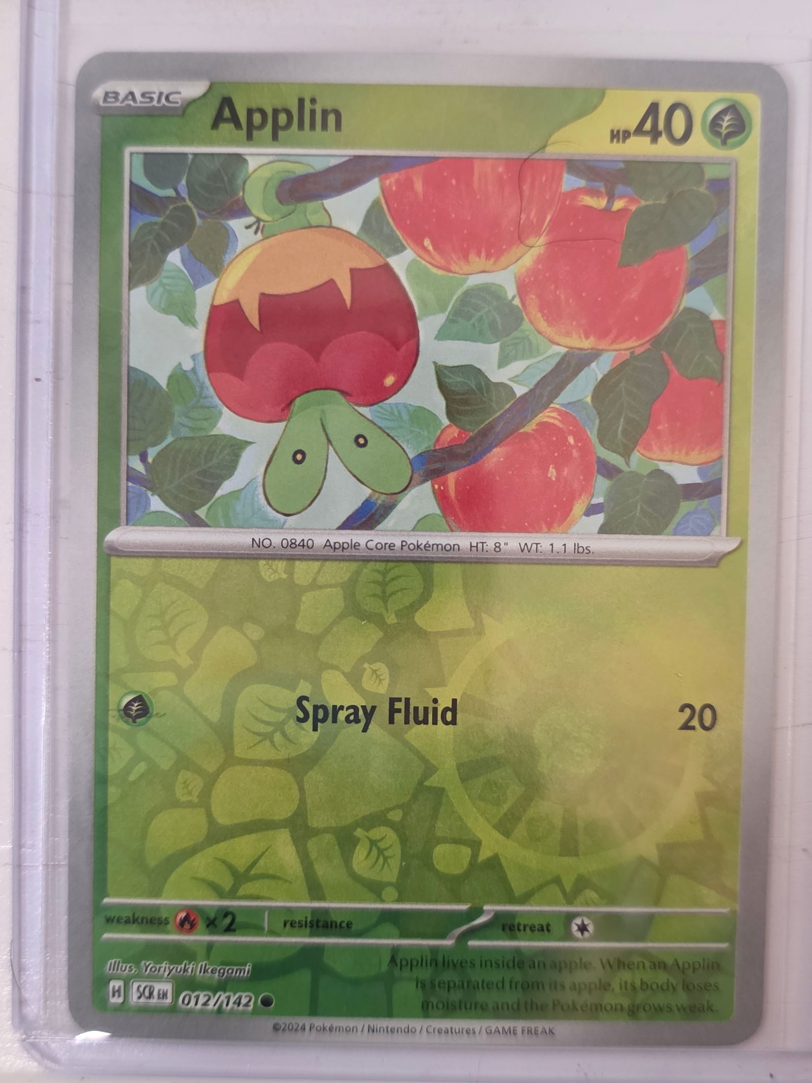 2024 Applin Stellar Crown 012/142: 2024 Pokemon Applin card numbered 012/142 from the Scarlet & Violet Stellar Crown expansion set. Card stored in penny sleeve and top loader.