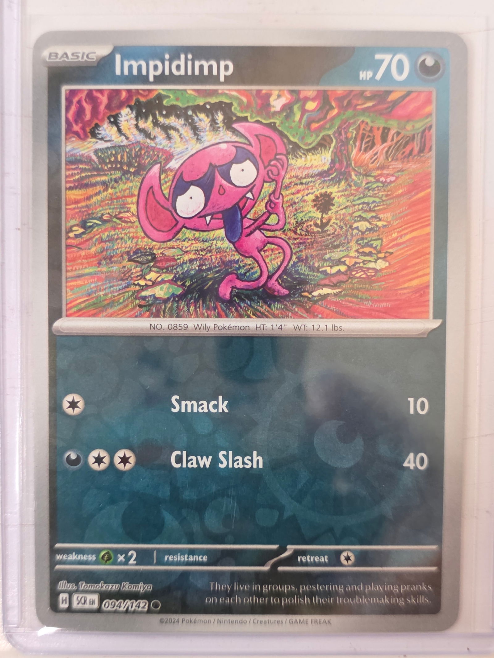 2024 Impidimp Stellar Crown 094/142 Pokemon Card: 2024 Pokemon Impidimp card from the Scarlet & Violet Stellar Crown set numbered 094/142. Card stored in penny sleeve and top loader.