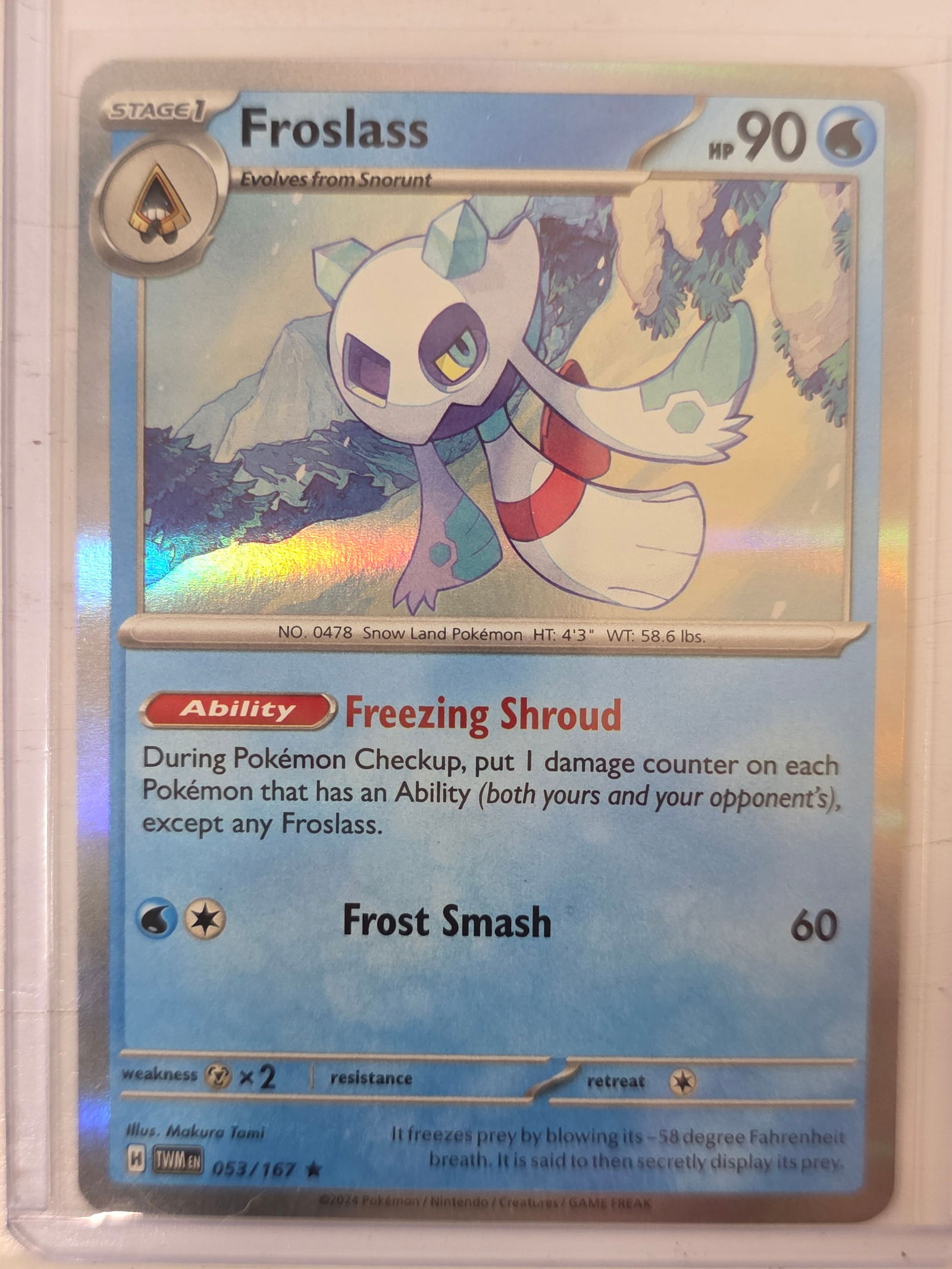 2024 Froslass Temporal Forces 053/167 Holo Pokemon Card: 2024 Pokemon Froslass Stage 1 card evolving from Snorunt from the Temporal Forces set numbered 053/167. Holographic card stored in penny sleeve and top loader.