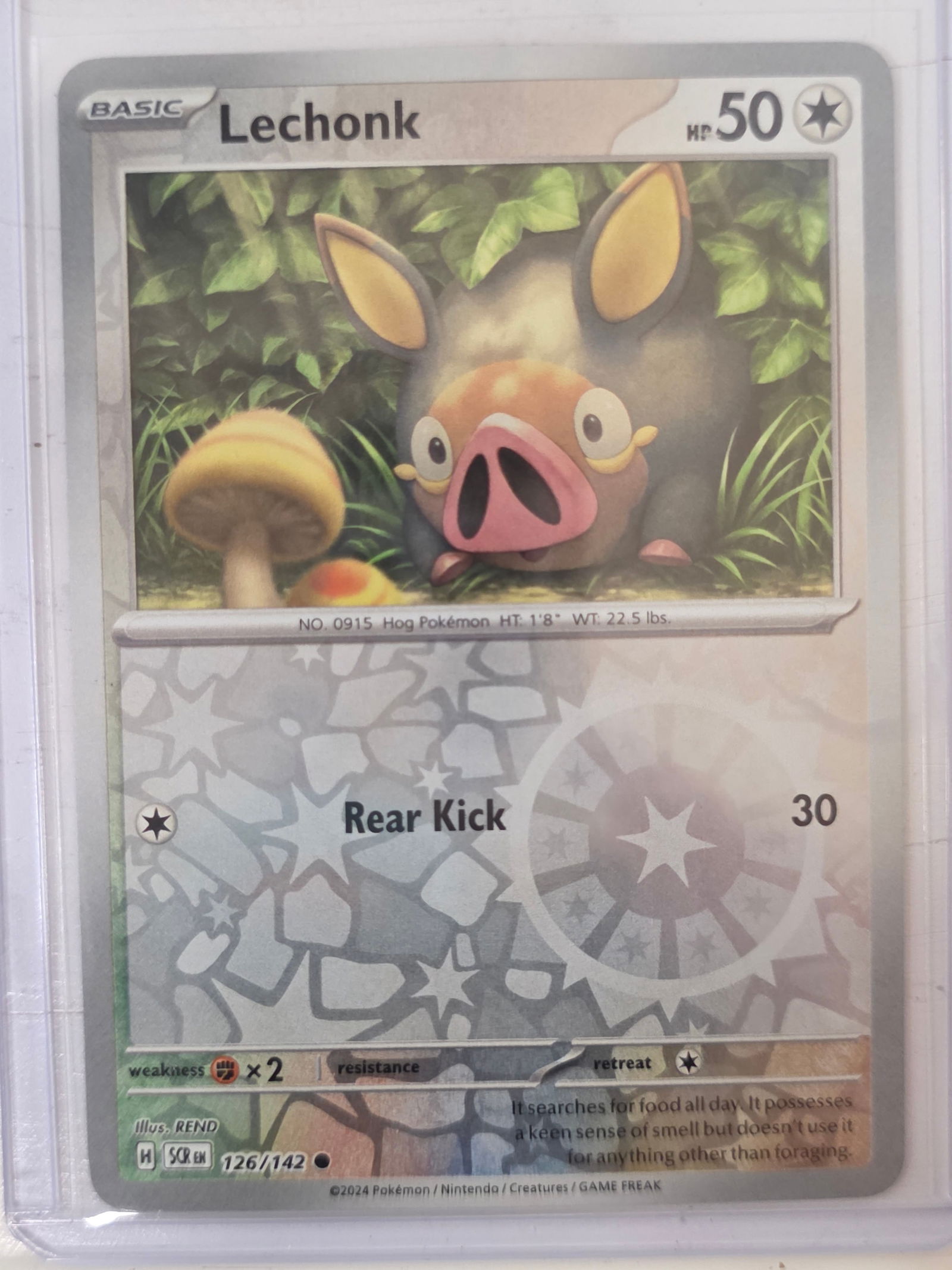 2024 Lechonk Stellar Crown 126/142 Reverse Holo Pokemon Card: 2024 Pokemon Lechonk card from the Scarlet & Violet Stellar Crown set numbered 126/142. Reverse holo card stored in penny sleeve and top loader.