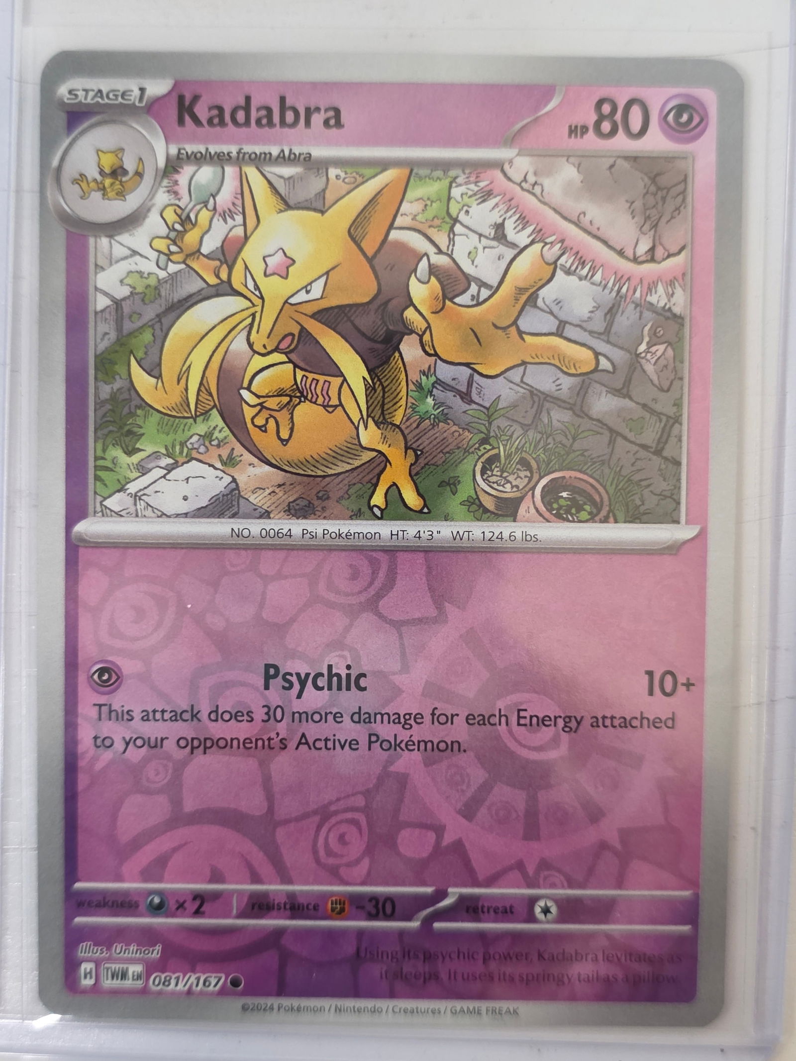 2024 Kadabra Temporal Forces 081/167 Reverse Holo Pokemon Card: 2024 Pokemon Kadabra Stage 1 card evolving from Abra from the Scarlet & Violet Temporal Forces set numbered 081/167. Reverse holo card stored in penny sleeve and top loader.
