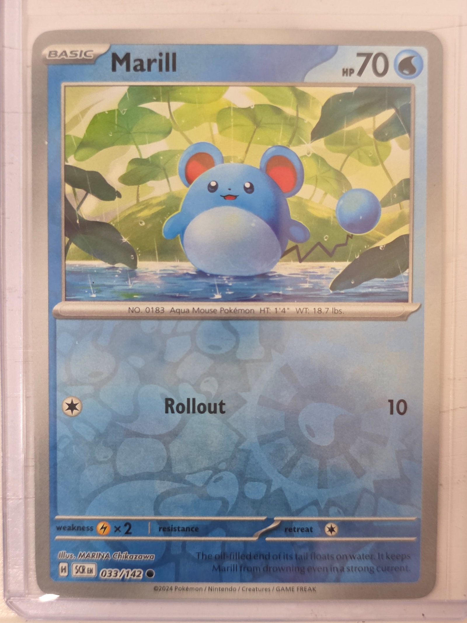 2024 Marill Stellar Crown 033/142 Reverse Holo Pokemon Card: 2024 Pokemon Marill Basic card from the Scarlet & Violet Stellar Crown set numbered 033/142. Reverse holo card stored in penny sleeve and top loader.