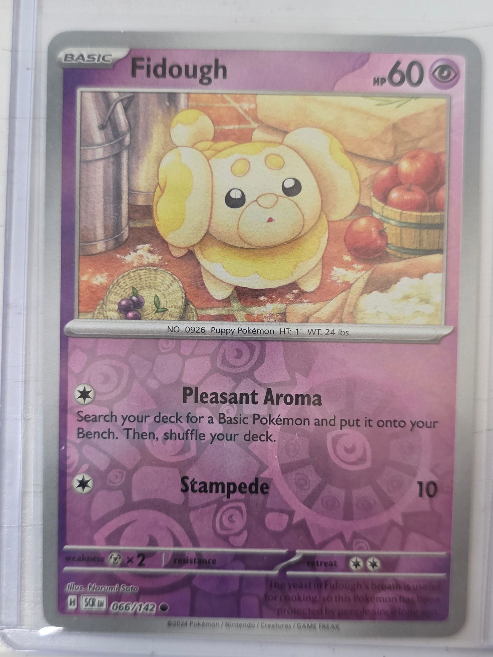 2024 Fidough Stellar Crown 066/142 Reverse Holo Pokemon Card: 2024 Pokemon Fidough Basic card from the Scarlet & Violet Stellar Crown set numbered 066/142. Reverse holo card stored in penny sleeve and top loader.