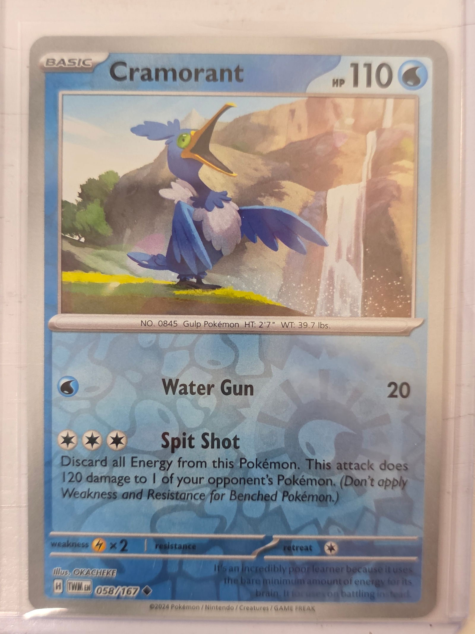 2024 Cramorant Temporal Forces 058/167 Reverse Holo Pokemon Card: 2024 Pokemon Cramorant Basic card from the Scarlet & Violet Temporal Forces set numbered 058/167. Reverse holo card stored in penny sleeve and top loader.