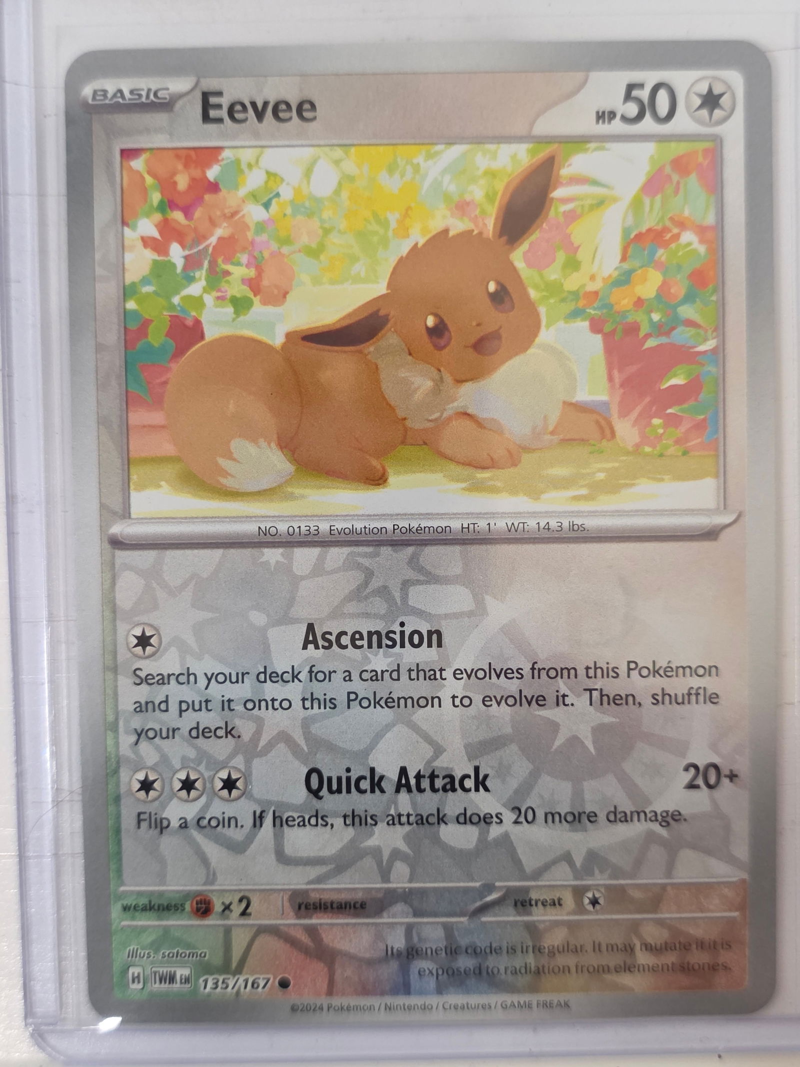 2024 Eevee Temporal Forces 135/167 Reverse Holo Pokemon Card: 2024 Pokemon Eevee Basic card from the Scarlet & Violet Temporal Forces set numbered 135/167. Reverse holo card stored in penny sleeve and top loader.