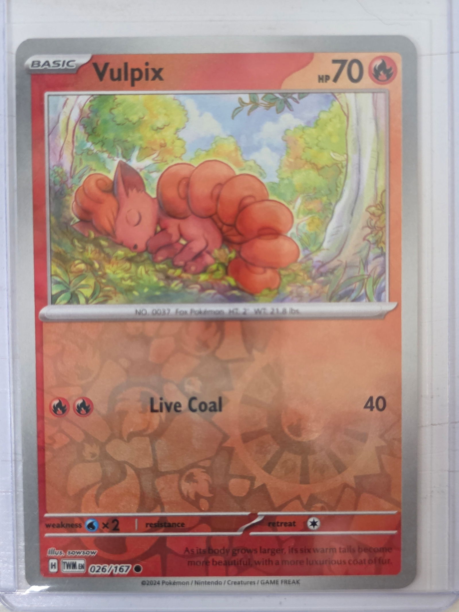 2024 Vulpix Temporal Forces 026/167 Reverse Holo Pokemon Card: 2024 Pokemon Vulpix Basic card from the Scarlet & Violet Temporal Forces set numbered 026/167. Reverse holo card stored in penny sleeve and top loader.