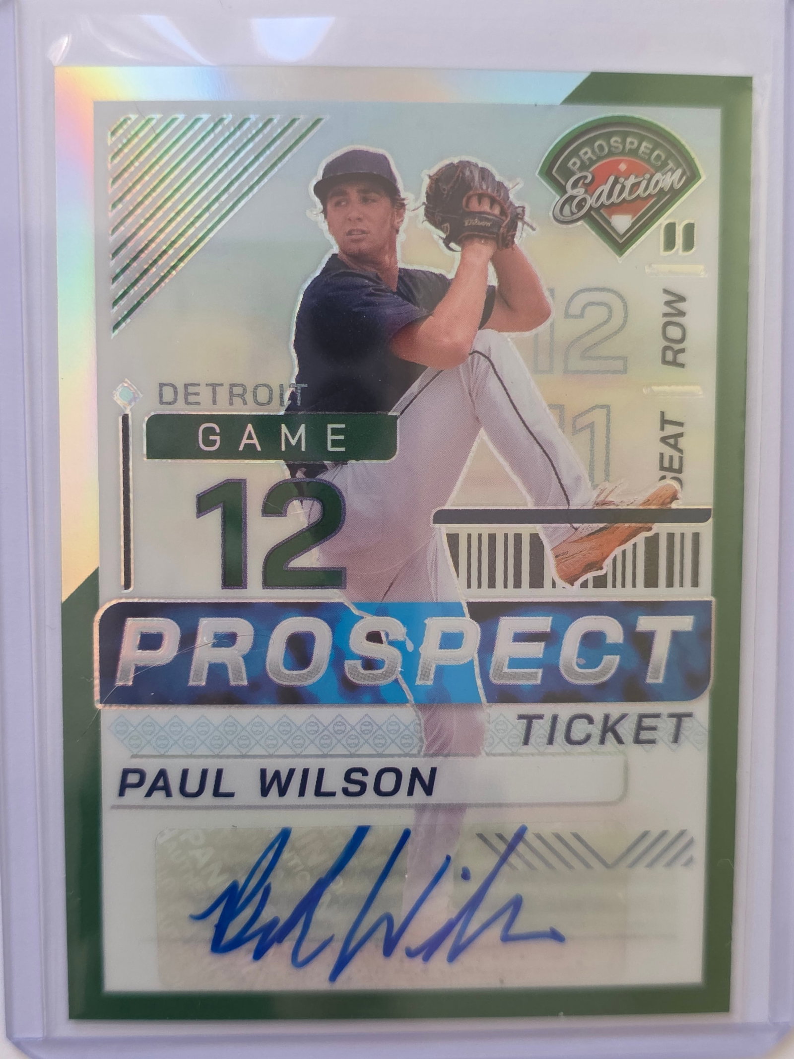Paul Wilson AUTO Prospect Ticket Prospect Edition 2024 Panini Detroit: 2024 Panini Prospect Edition Paul Wilson Prospect Ticket Autograph for Detroit. Features certified autograph with Prospect Edition design highlighting the young pitching prospect. Stored in protective