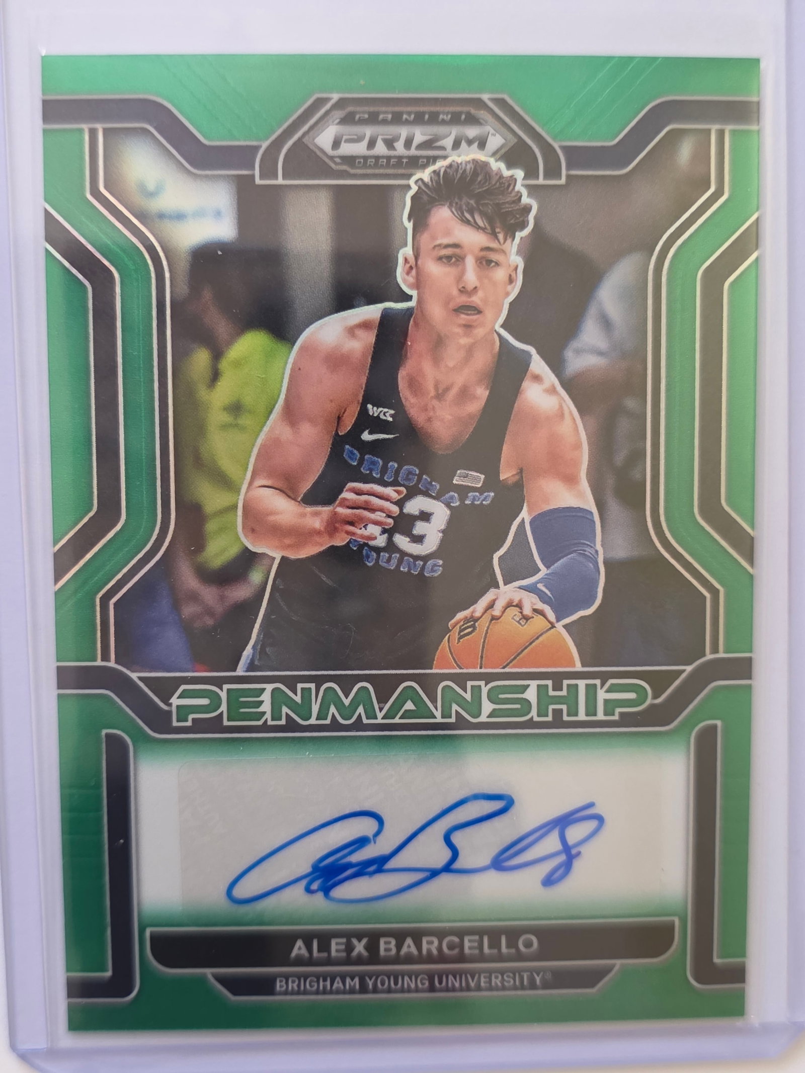 Alex Barcello AUTO PRIZM Penmanship 2022 Panini Prizm Draft Picks BYU: 2022 Panini Prizm Draft Picks Alex Barcello Penmanship Autograph from Brigham Young University. Features certified autograph with prizm finish from the Penmanship insert set. Collegiate issue highligh