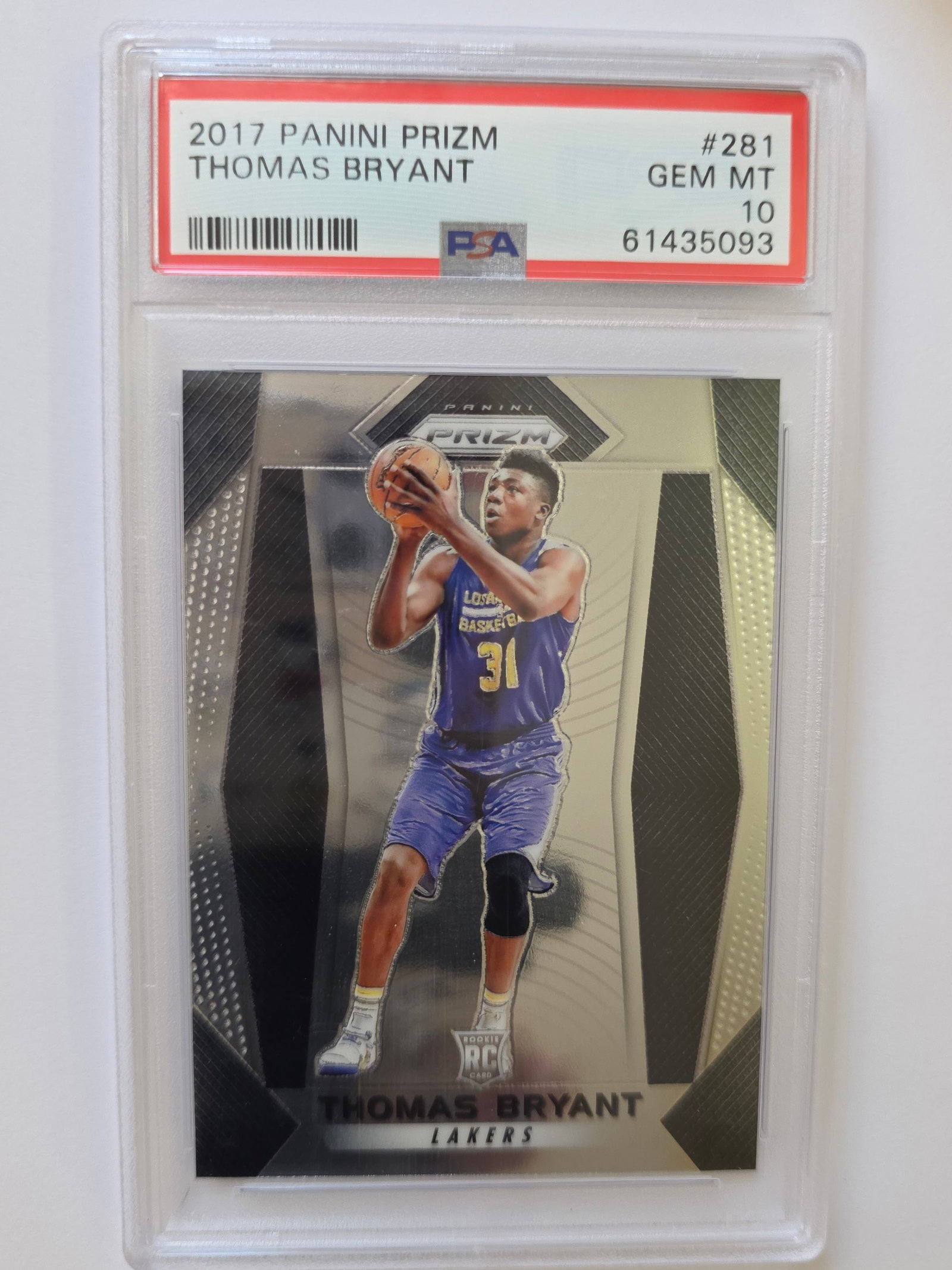 Thomas Bryant ROOKIE PRIZM PSA 10 2017 Panini Prizm Lakers: 2017-18 Panini Prizm Thomas Bryant Rookie card graded PSA 10 Gem Mint. Clean base Prizm rookie featuring the Los Angeles Lakers center. Professionally graded and encapsulated by PSA. See photos for sl