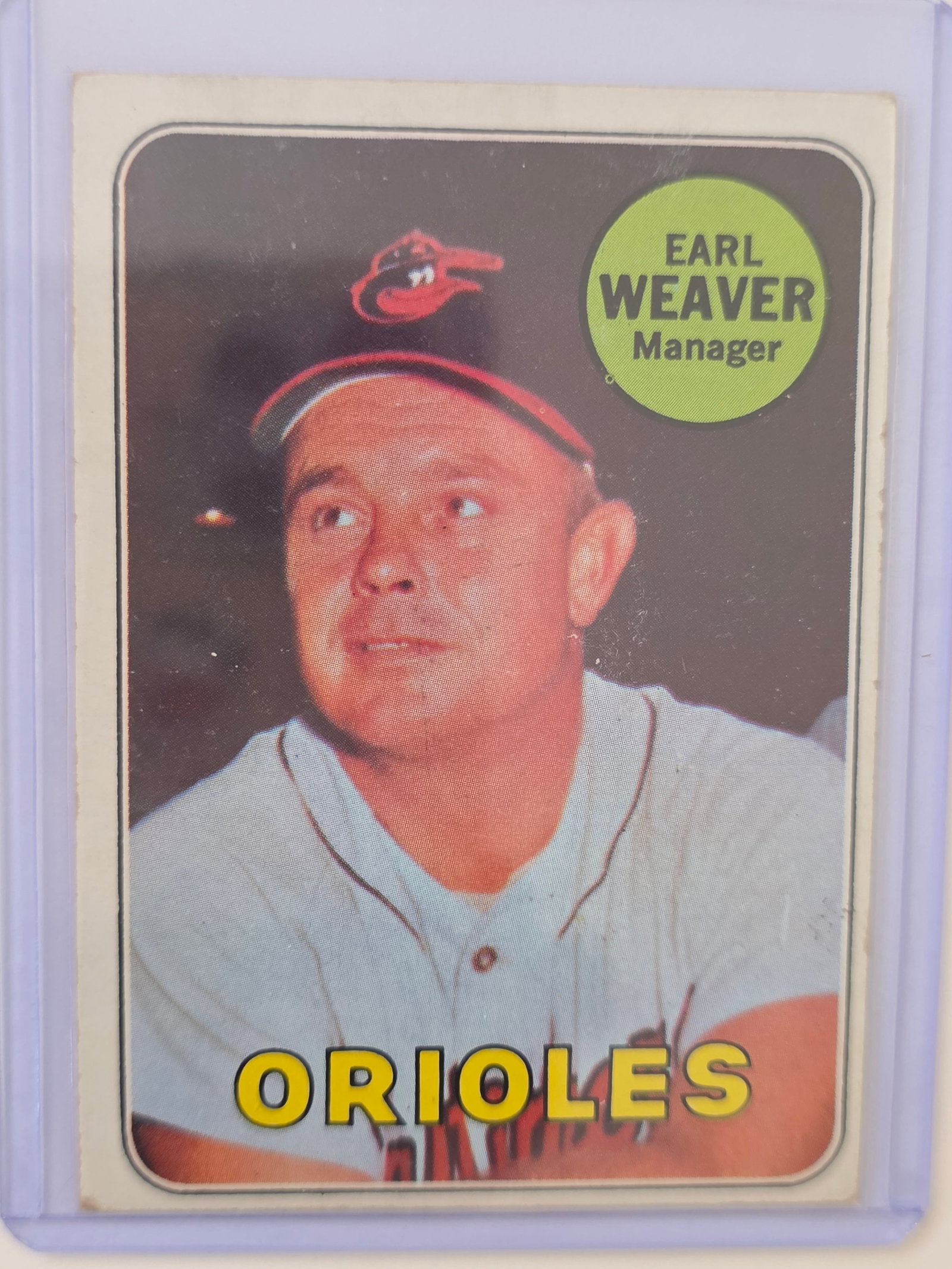 Earl Weaver Vintage 1969 Topps Baltimore Orioles Manager: 1969 Topps Earl Weaver card featuring the Baltimore Orioles manager. Classic vintage Topps issue highlighting Weaver during his early managerial career. Card shows age-related wear consistent with vin