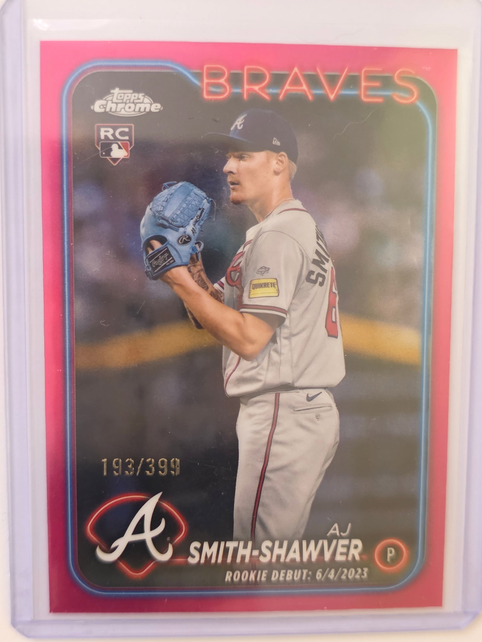 AJ Smith-Shawver ROOKIE Chrome Refractor /399 Braves Pitcher: 2024 Topps Chrome AJ Smith-Shawver rookie card featuring the Atlanta Braves pitcher. Serial numbered refractor parallel 193/399 with RC designation. Modern chrome finish with strong collector appeal t