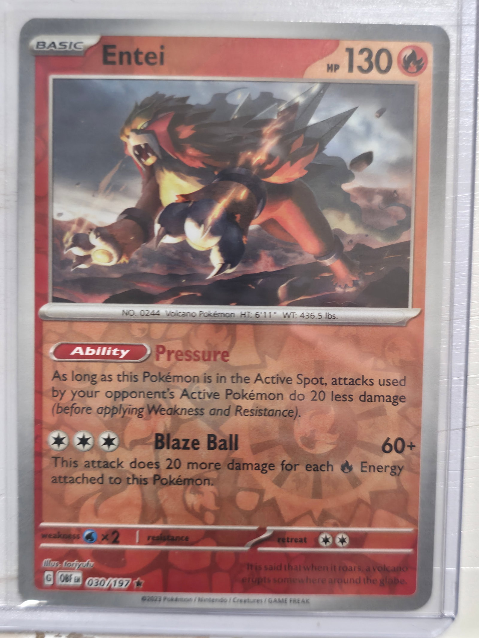 2023 Entei Obsidian Flames 030/197 Rare: Entei Basic Fire Pokemon. Scarlet & Violet Obsidian Flames set. Card number 030/197. Rare non holo. Ability Pressure and attack Blaze Ball. Illustrated by toriyufu. 2023 Pokemon Nintendo Creatures GAM