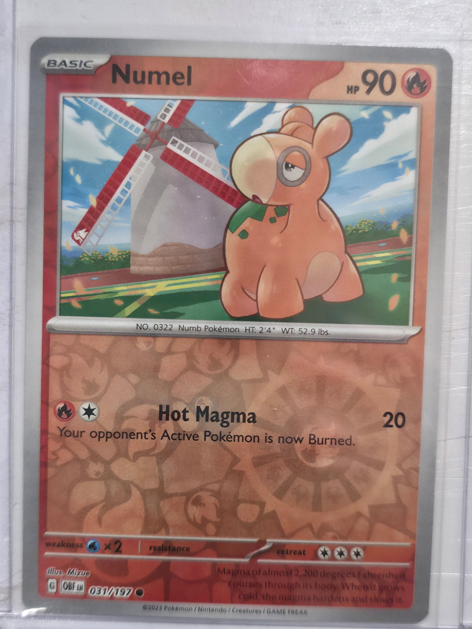 2023 Numel Obsidian Flames 031/197 Common: Numel Basic Fire Pokemon. Obsidian Flames set. Card number 031/197. Common non holo. Illustrated by Mizue. 2023 Pokemon Nintendo Creatures GAME FREAK. Preowned card stored in penny sleeve and top load