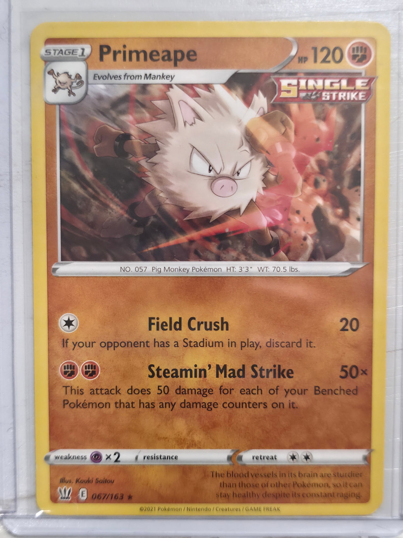 2021 Primeape Battle Styles 067/163 Rare: Primeape Stage 1 Fighting Pokemon, evolves from Mankey. Battle Styles set. Card number 067/163. Rare non holo. Single Strike designation. Illustrated by Kouki Saitou. 2021 Pokemon Nintendo Creatures G
