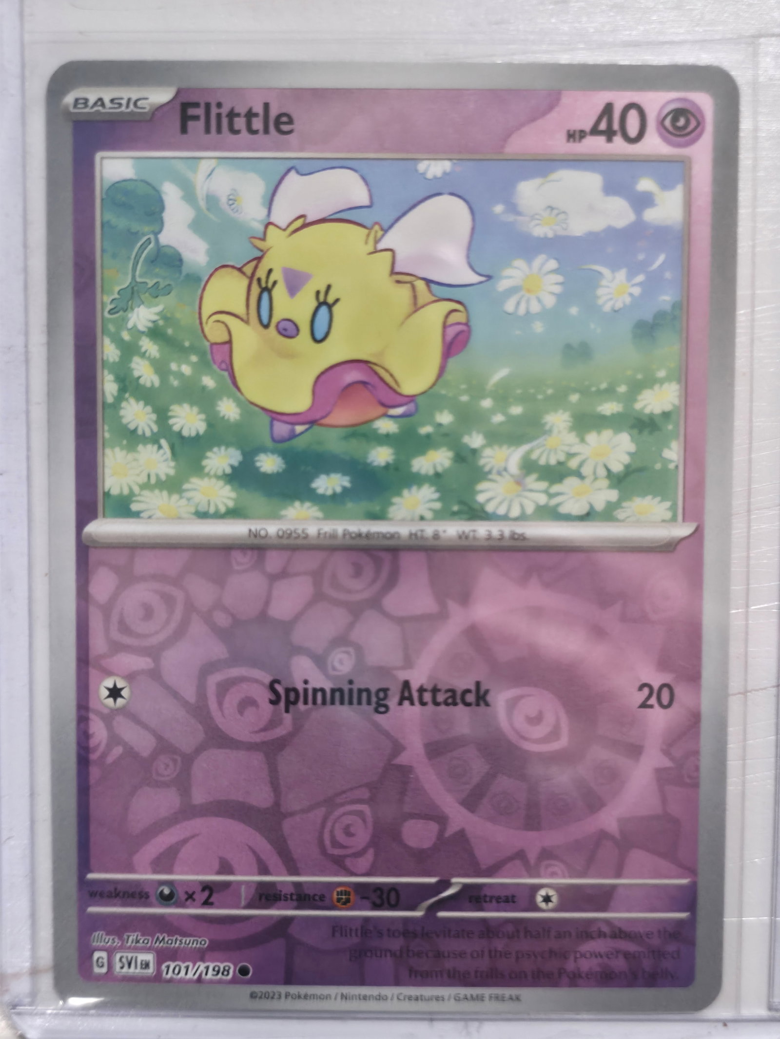 2023 Flittle Scarlet and Violet 101/198 Common: Flittle Basic Psychic Pokemon. Scarlet and Violet base set. Card number 101/198. Common non holo. Illustrated by Tika Matsuno. 2023 Pokemon Nintendo Creatures GAME FREAK. Preowned card stored in penny