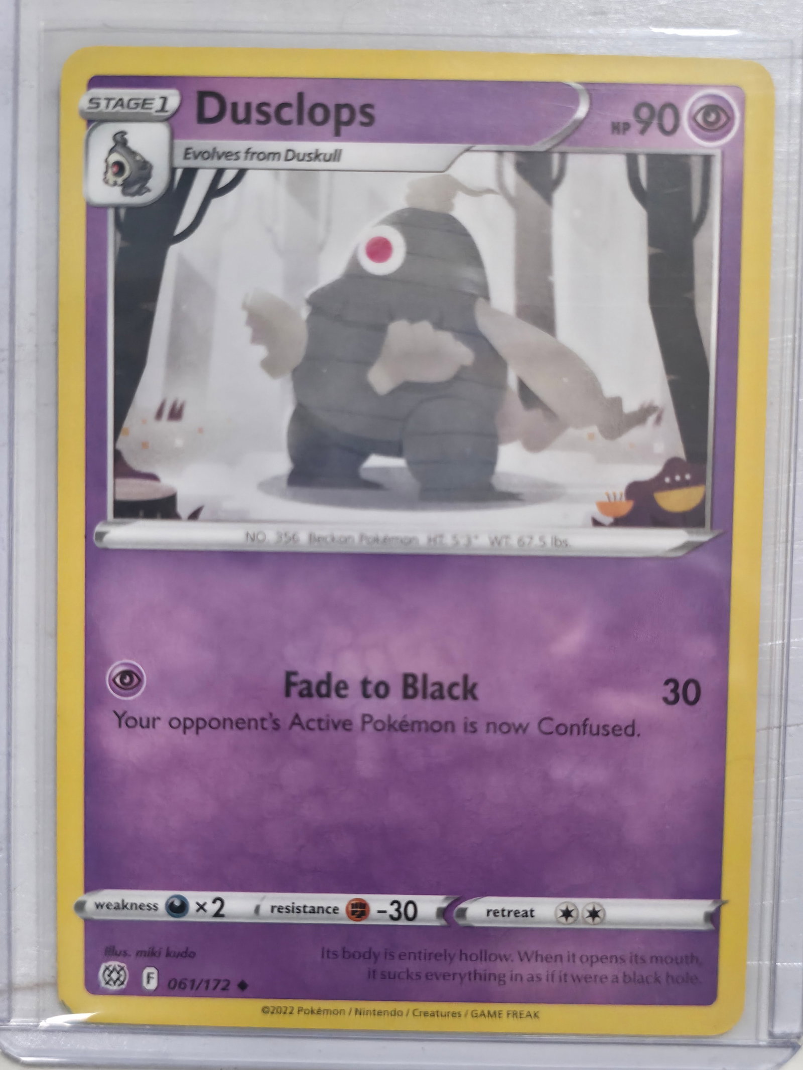 2022 Dusclops Brilliant Stars 061/172 Uncommon: Dusclops Stage 1 Psychic Pokemon, evolves from Duskull. Brilliant Stars set. Card number 061/172. Uncommon non holo. Illustrated by miki kudo. 2022 Pokemon Nintendo Creatures GAME FREAK. Preowned card