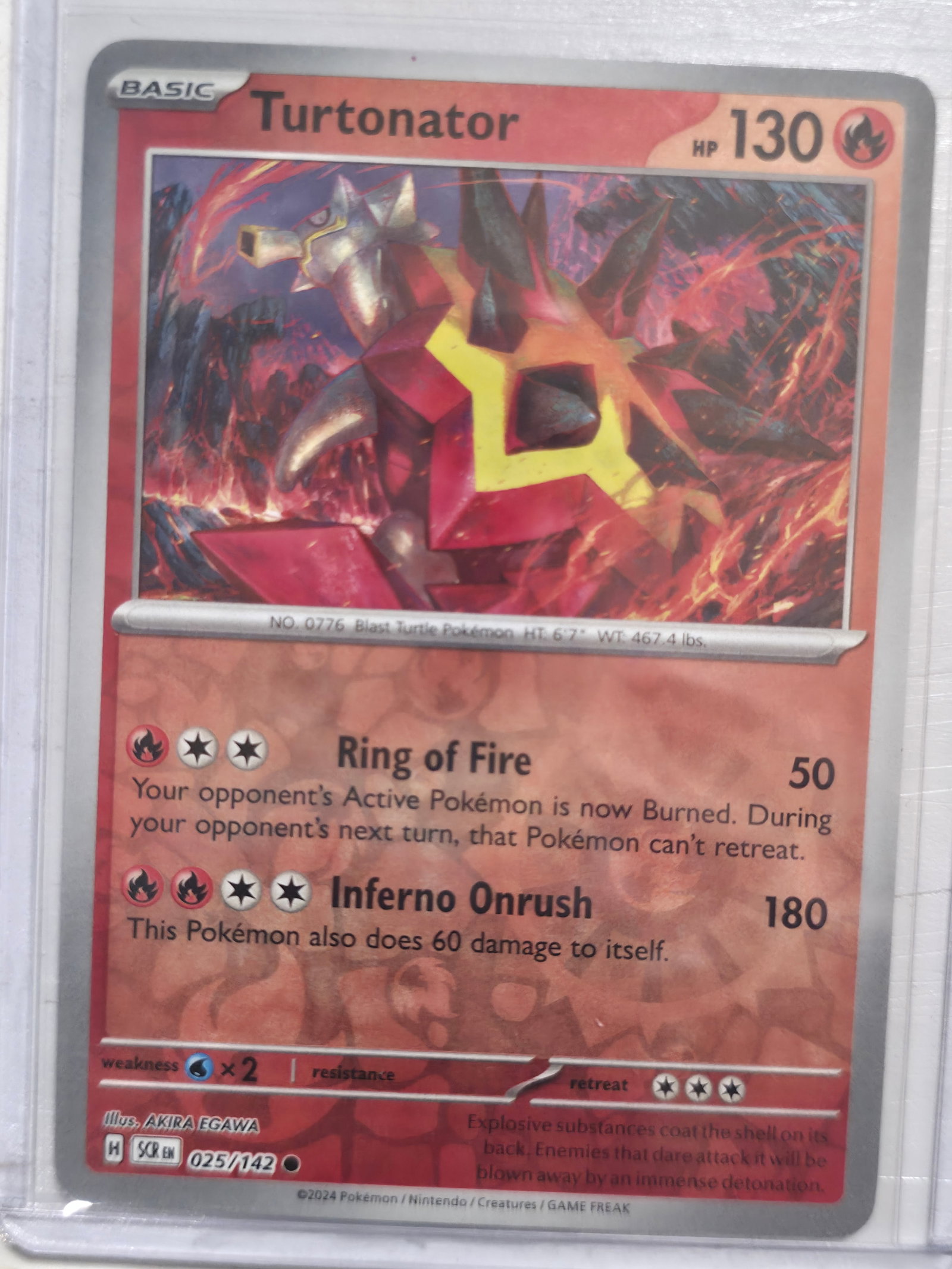 2024 Turtonator Stellar Crown 025/142 Rare: Turtonator Basic Fire Pokemon. Stellar Crown set. Card number 025/142. Rare non holo. Illustrated by Akira Egawa. Regulation mark H. 2024 Pokemon Nintendo Creatures GAME FREAK. Preowned card stored in