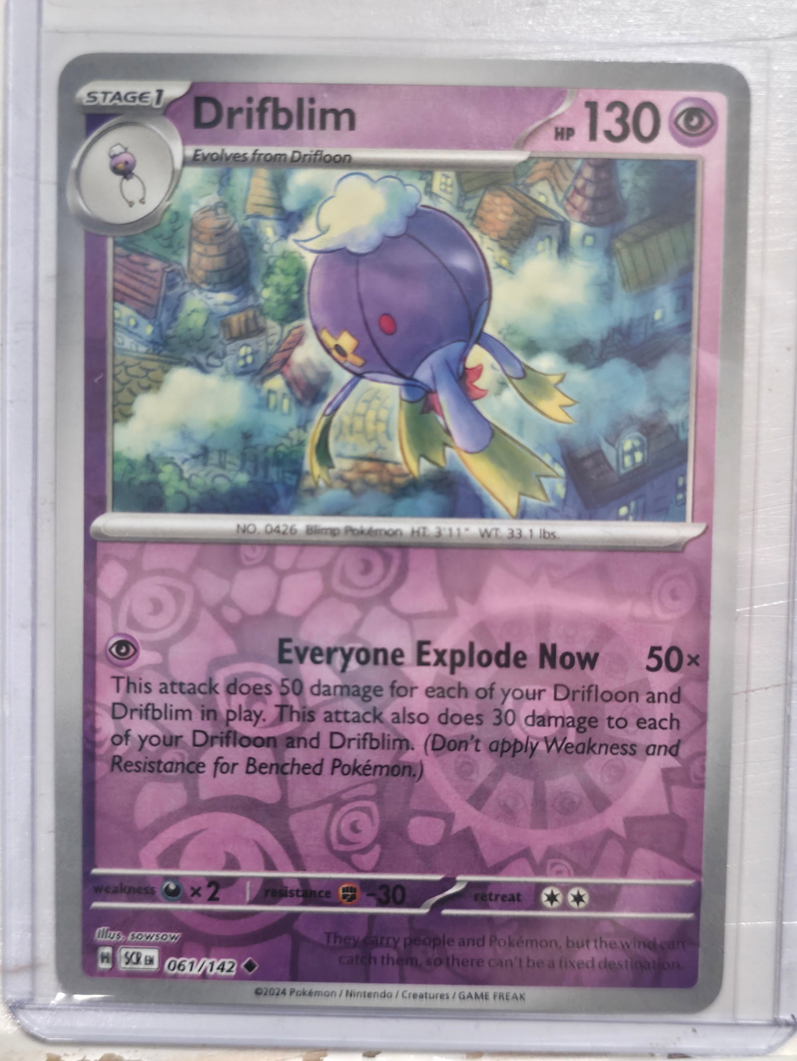2024 Drifblim Stellar Crown 061/142 Rare: 2024 Drifblim Stage 1 Psychic Pokemon. Evolves from Drifloon. Stellar Crown set. Card number 061/142. Rare non holo. HP 130. Attack Everyone Explode Now 50x. Illustrated by sowsow. Regulation mark H.