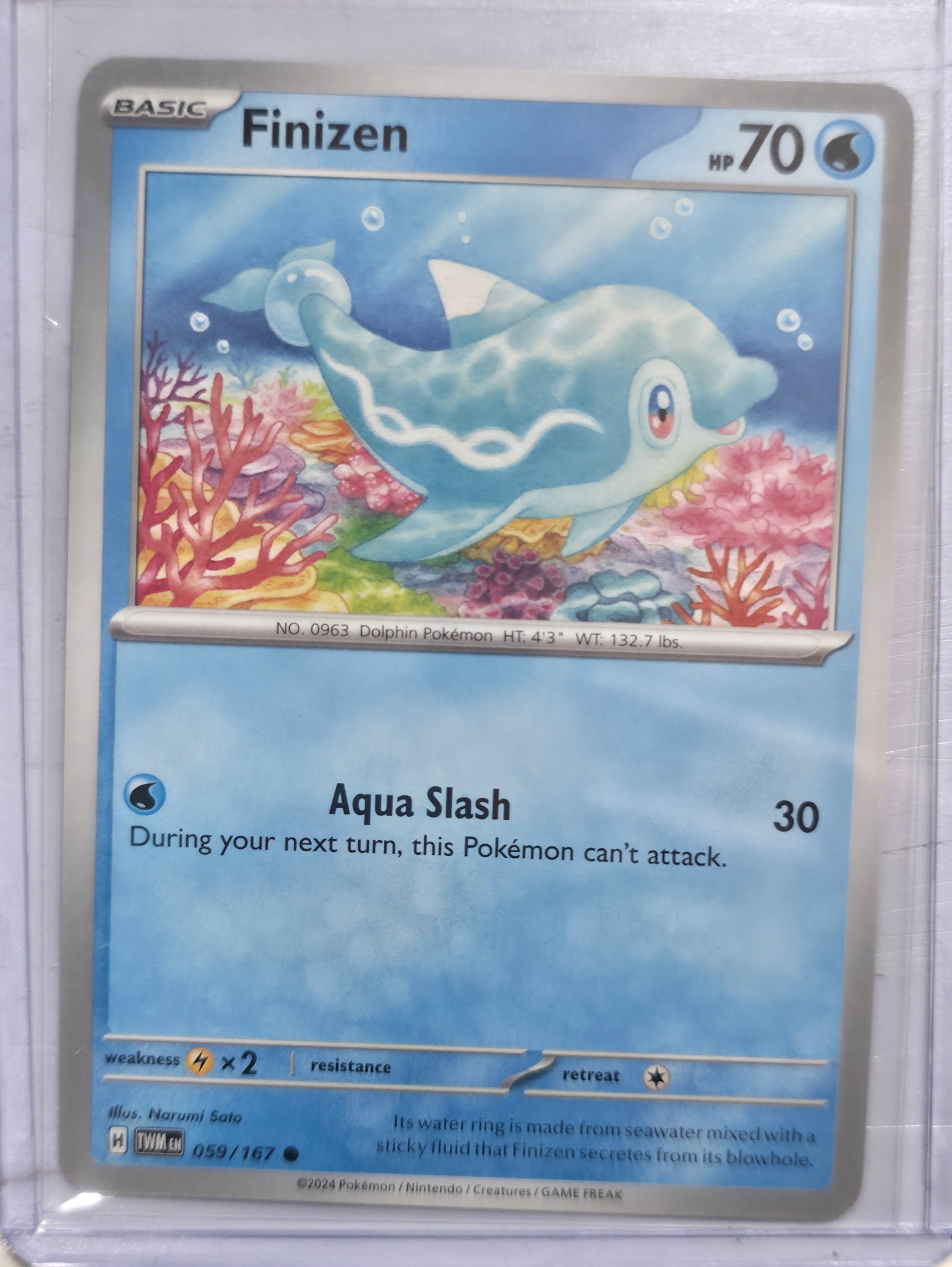 2024 Finizen Twilight Masquerade 059/167: 2024 Finizen Basic Water Pokemon. Twilight Masquerade set. Card number 059/167. HP 70. Attack Aqua Slash 30. Illustrated by Narumi Sato. Regulation mark H. Non holo. Preowned card stored in penny slee