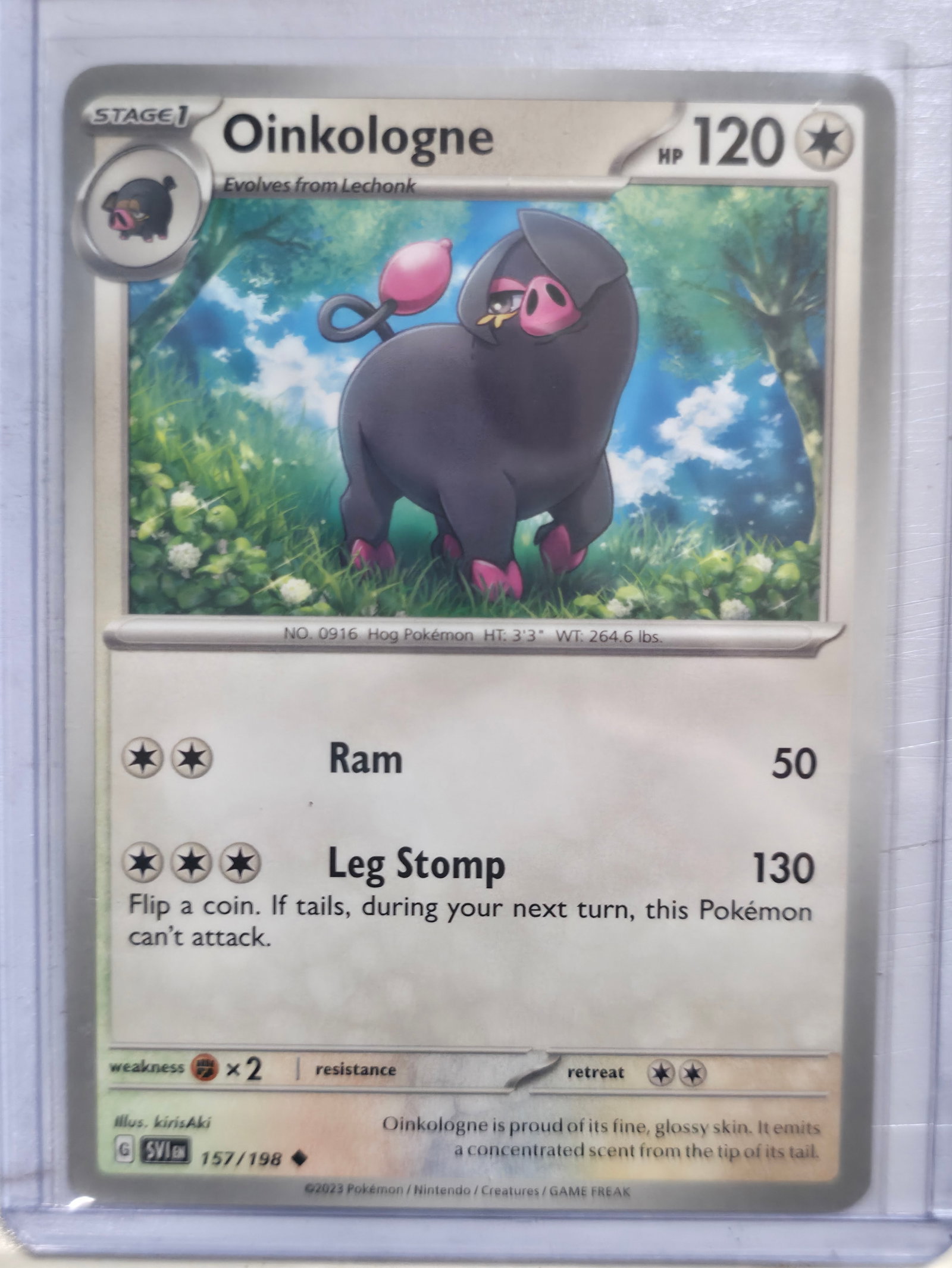 2023 Oinkologne Scarlet and Violet 157/198: 2023 Oinkologne Stage 1 Colorless Pokemon. Scarlet and Violet base set. Card number 157/198. HP 120. Attacks Ram 50 and Leg Stomp 130. Illustrated by kirisAki. Non holo. Preowned card stored in penny