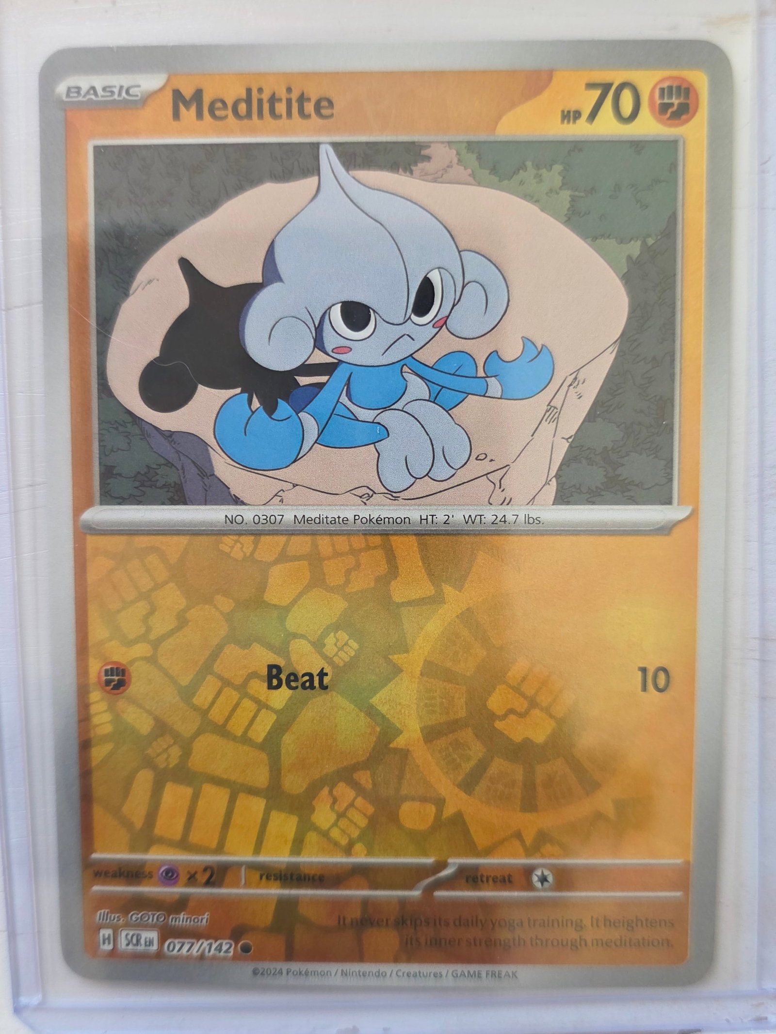 2024 Meditite SV Base 077/142 Reverse Holo: 2024 Meditite Basic Fighting type Pokemon. Scarlet and Violet Base set. Card number 077/142. HP 70. Attack Beat 10. Reverse holo pattern on card front. Preowned card stored in penny sleeve and top loa