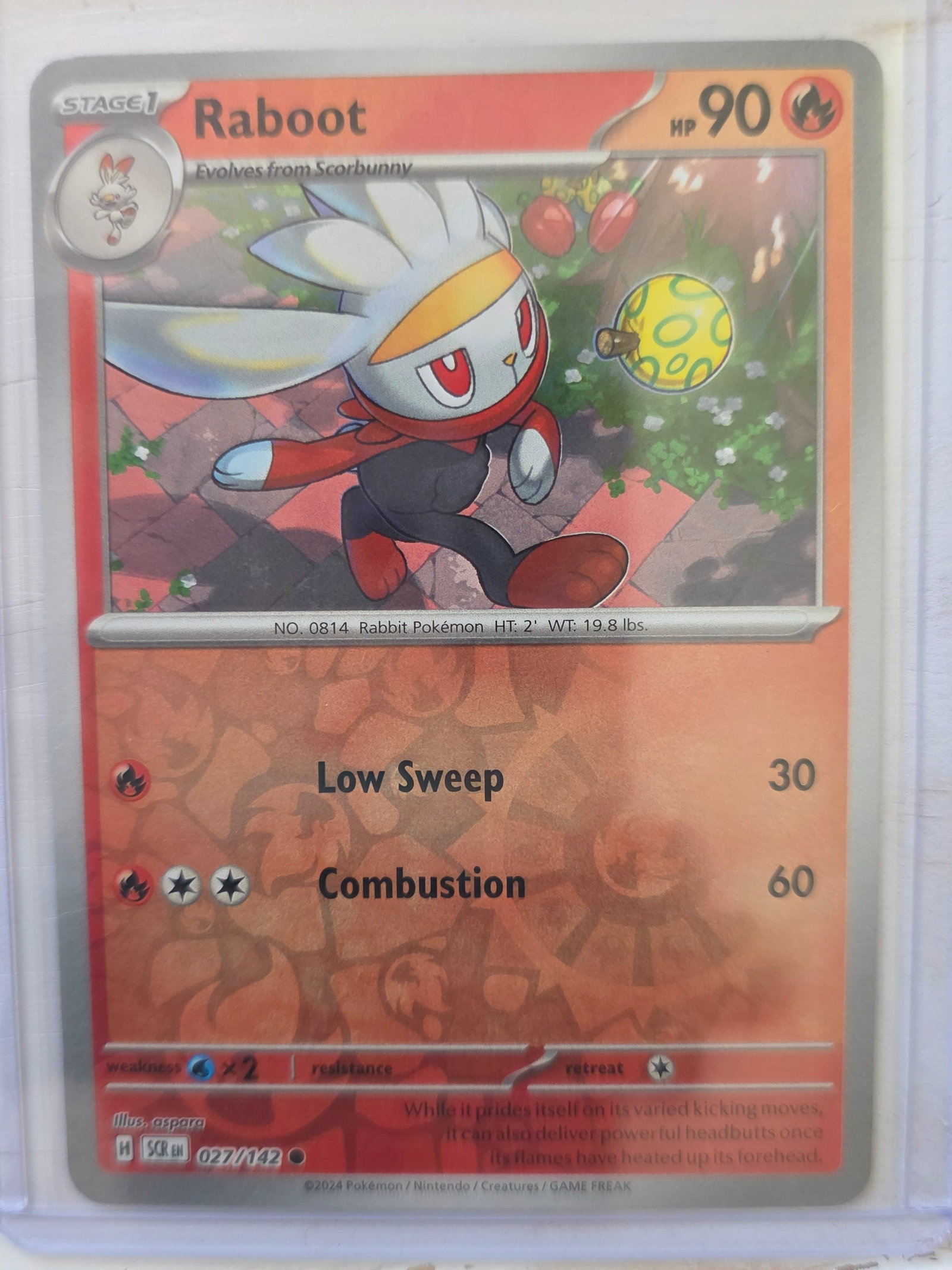 2024 Raboot SV Base 027/142 Reverse Holo: 2024 Raboot Stage 1 Fire type Pokemon. Evolves from Scorbunny. Scarlet and Violet Base set. Card number 027/142. HP 90. Attacks Low Sweep 30 and Combustion 60. Reverse holo pattern on card front. Preo