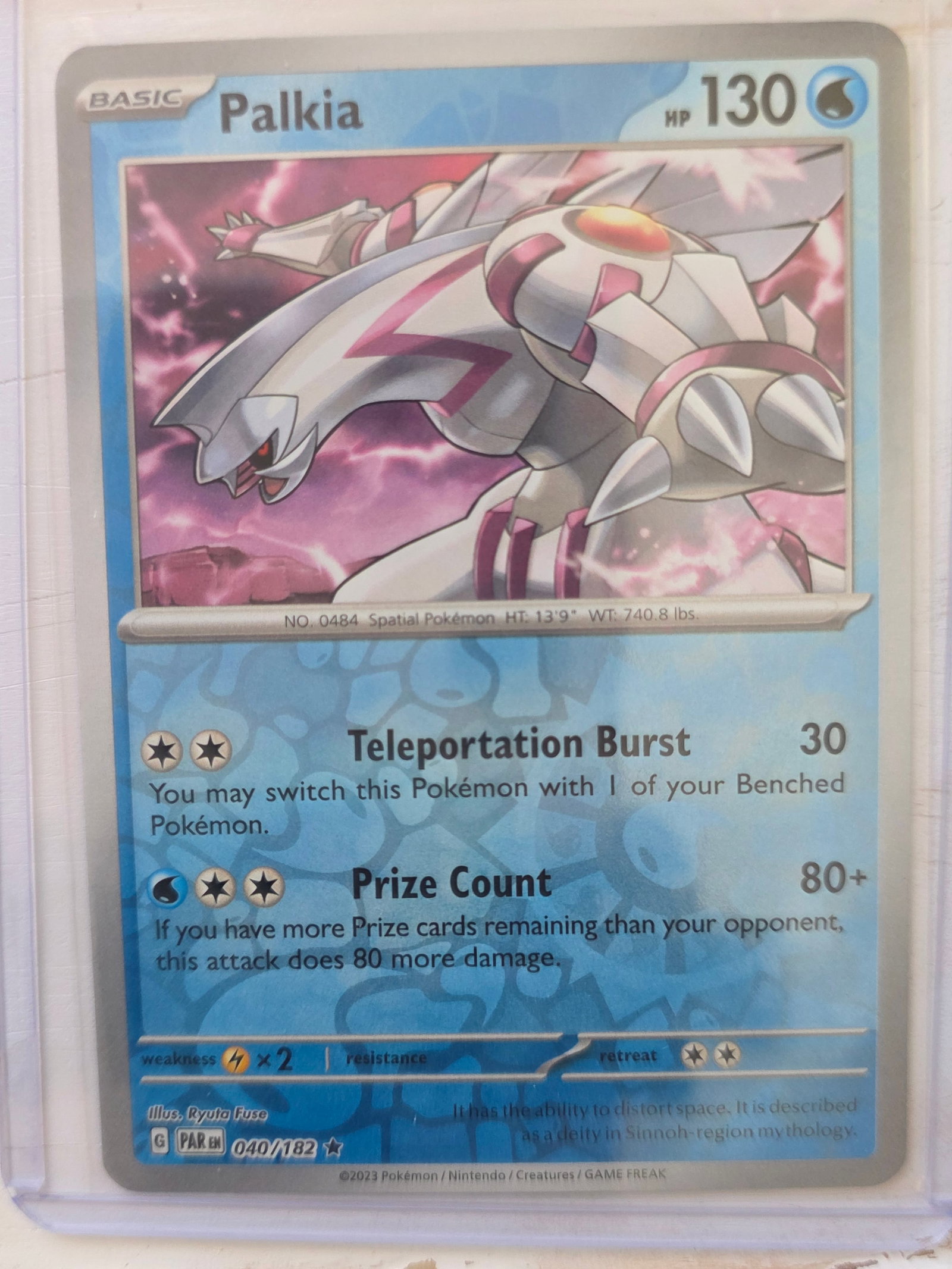 2023 Palkia Basic Water type Pokemon. Paradox Rift set. Card number 040/182: 2023 Palkia Basic Water type Pokemon. Paradox Rift set. Card number 040/182. HP 130. Attacks Teleportation Burst 30 and Prize Count 80+. Rare non holo card. Preowned card stored in penny sleeve and to