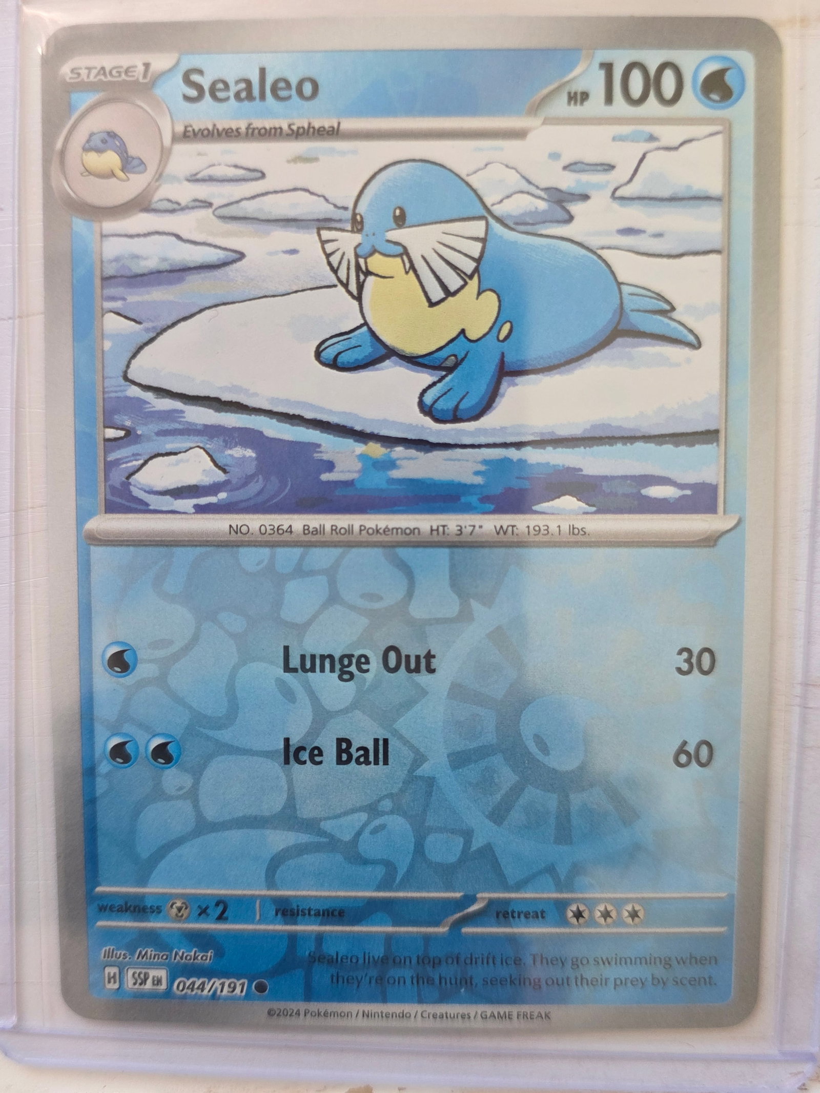2024 Sealeo 044/191 Reverse Holo: 2024 Sealeo Stage 1 card 044/191. 100 HP Water type. Reverse holo foil pattern across card surface with non holo artwork box. Lunge Out 30. Ice Ball 60. Preowned and stored in penny sleeve and top loa
