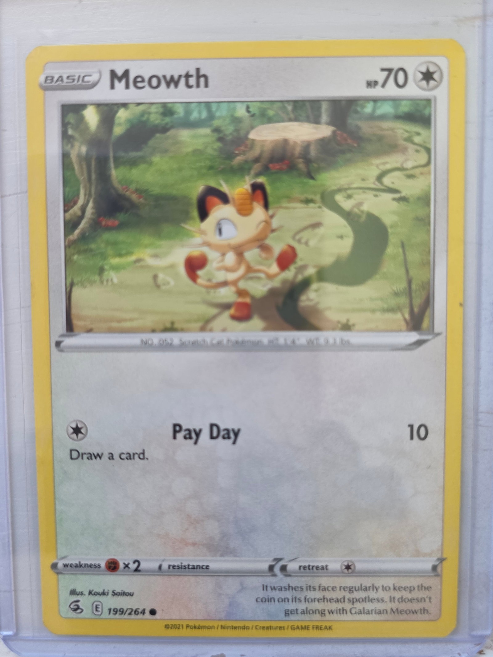 2021 Meowth Fusion Strike 199/264 Non Holo: 2021 Meowth Basic card 199/264 from Sword and Shield Fusion Strike. 70 HP Colorless type. Pay Day 10. Non holo card. Preowned and stored in penny sleeve and top loader. Sold as shown.