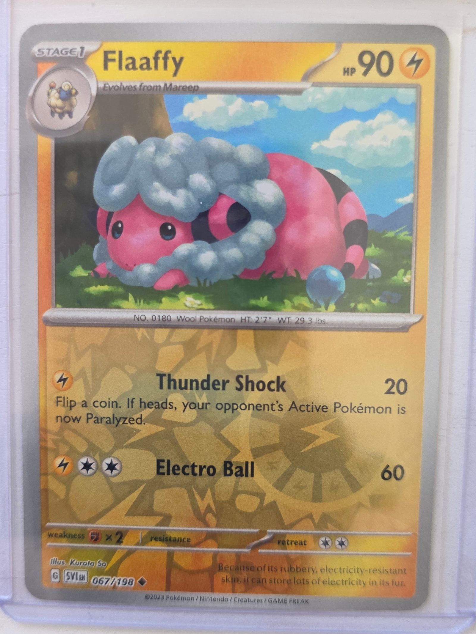 2023 Flaaffy Scarlet and Violet 067/198 Non Holo: 2023 Flaaffy Stage 1 card 067/198 from Scarlet and Violet base set. 90 HP Lightning type. Thunder Shock 20 and Electro Ball 60. Non holo card. Preowned and stored in penny sleeve and top loader. Sold