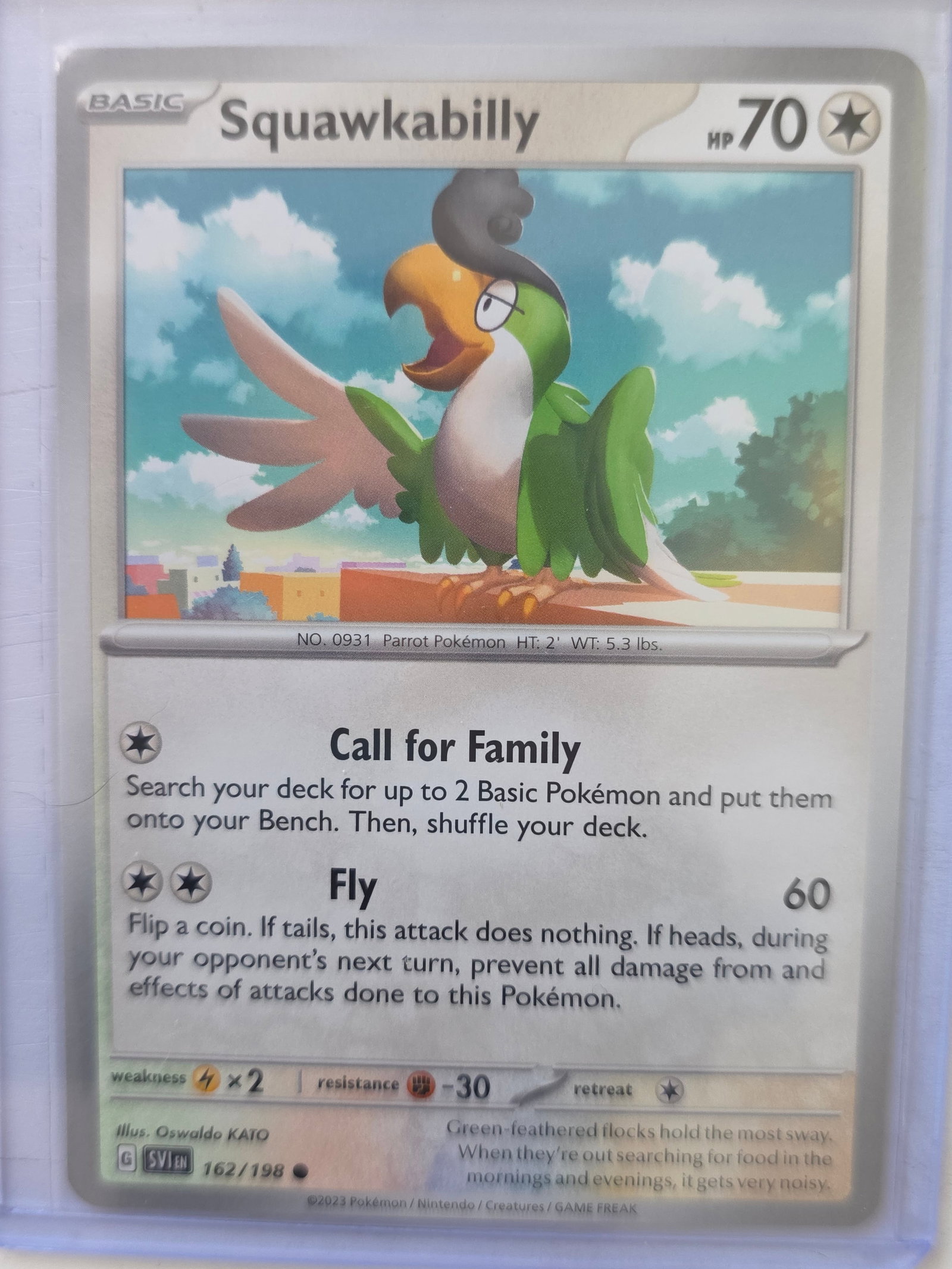 2023 Squawkabilly Scarlet & Violet 162/198 Rare Pokemon Card: 2023 Squawkabilly Pokemon card from the Scarlet & Violet set, card number 162/198. Preowned card stored in a penny sleeve and top loader. Please review photos for centering, edges, corners, and surfac