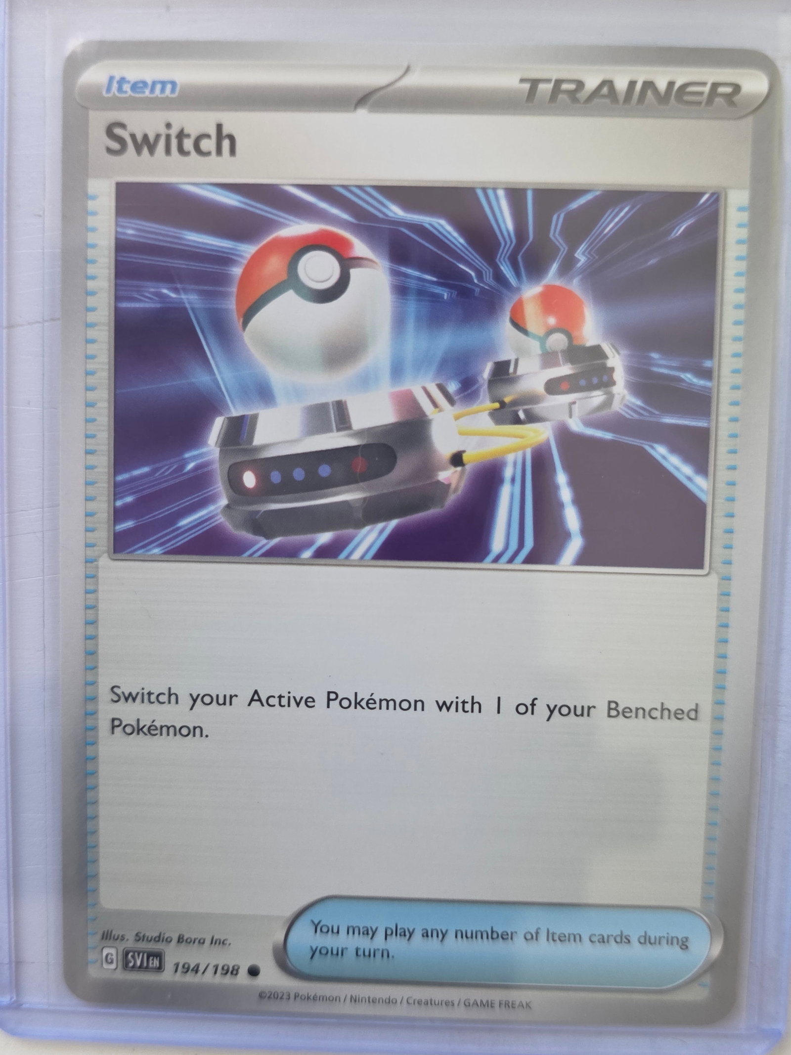 2023 Switch Scarlet & Violet 194/198 Uncommon Trainer Pokemon Card: 2023 Switch Trainer Item Pokemon card from the Scarlet & Violet set, card number 194/198. Preowned card stored in a penny sleeve and top loader. Please review photos for centering, edges, corners, and