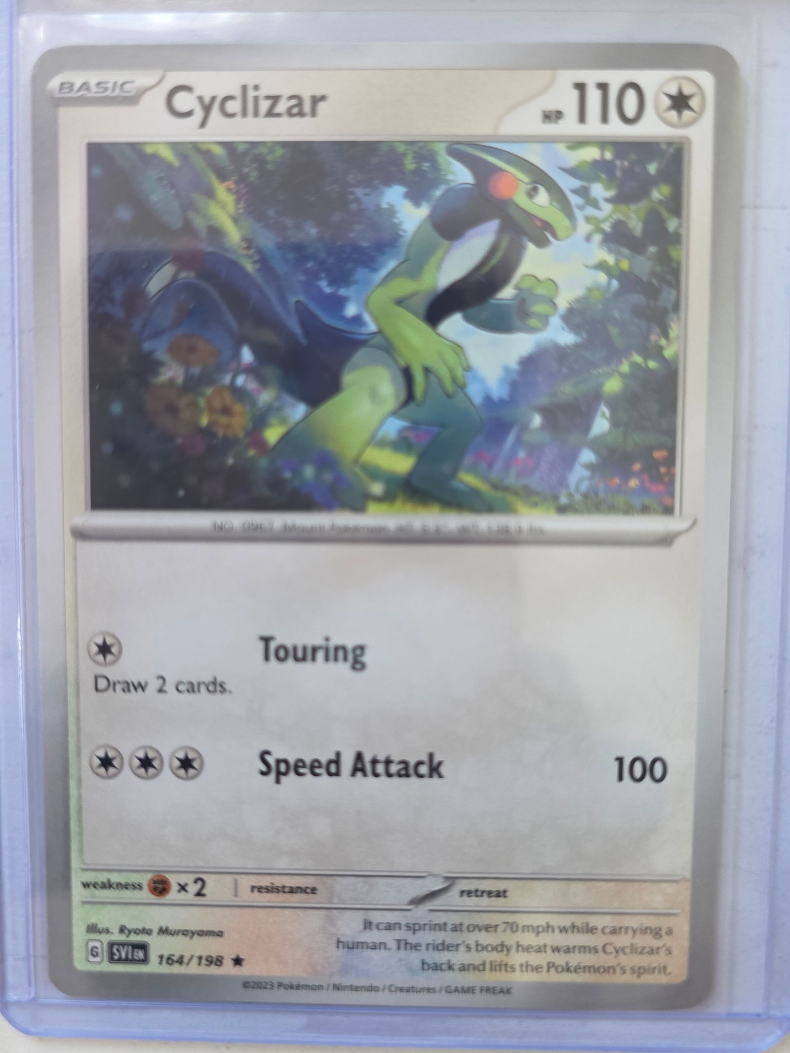 2023 Pokemon Cyclizar Scarlet & Violet 164/198 Rare TCG Card Nintendo: 2023 Cyclizar Pokemon TCG trading card from the Scarlet & Violet set, card number 164/198. Official Pokemon trading card produced by Pokemon, Nintendo, Creatures, and GAME FREAK. Preowned card stored