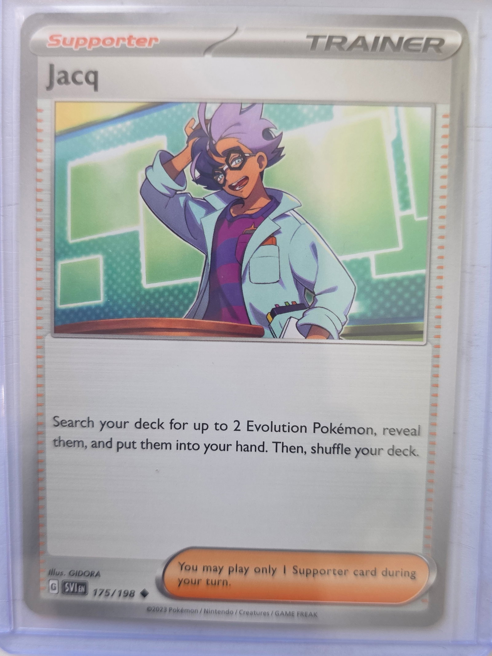 2023 Pokemon Jacq Scarlet & Violet 175/198 Trainer TCG Card Nintendo: 2023 Jacq Supporter Trainer Pokemon TCG trading card from the Scarlet & Violet set, card number 175/198. Official Pokemon trading card produced by Pokemon, Nintendo, Creatures, and GAME FREAK. Preowne