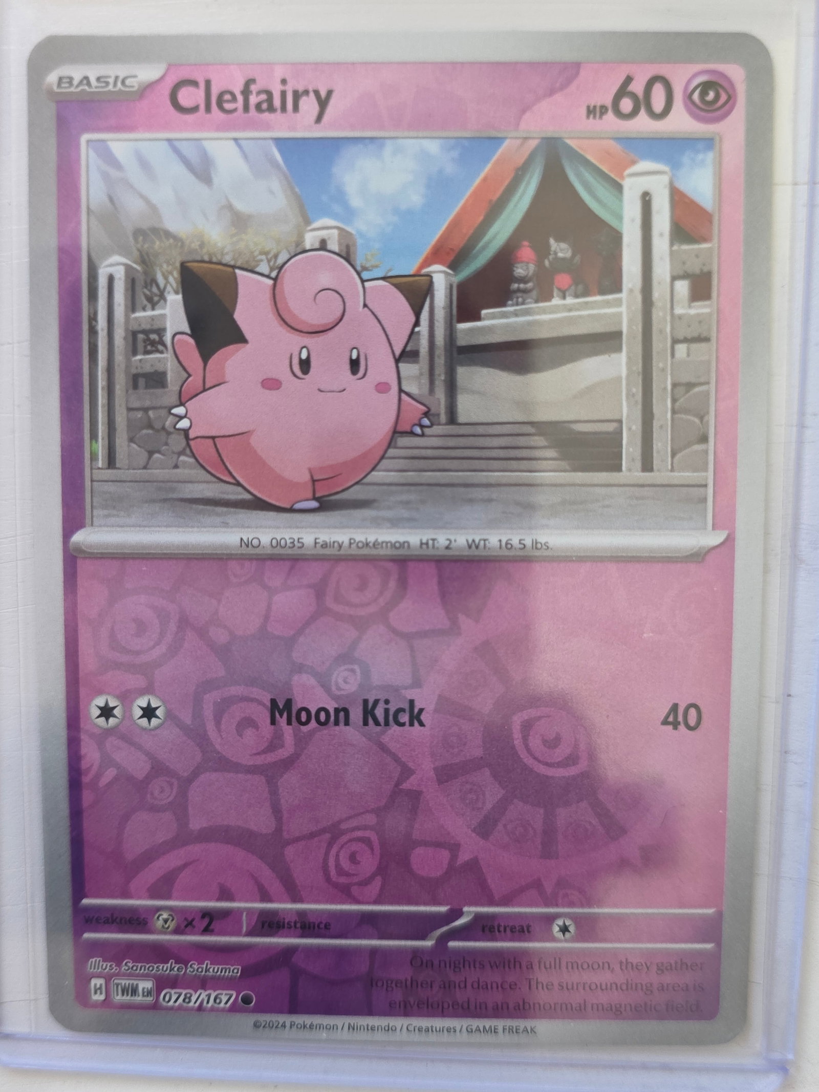 2024 Clefairy Twilight Masquerade 078/167 Reverse Holo Pokemon Card: 2024 Pokemon Clefairy reverse holo card numbered 078/167 from the Twilight Masquerade expansion set featuring artwork by Sanosuke Sakuma. Reverse holographic finish across the card surface. Card store