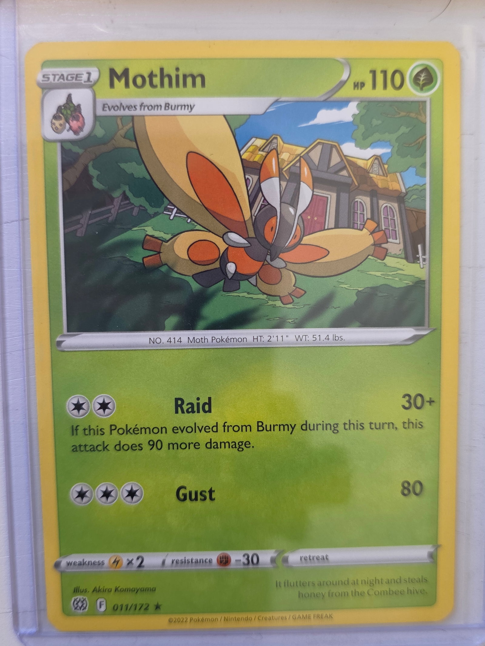 2022 Mothim Brilliant Stars 011/172 Rare Pokemon Card: 2022 Pokemon Mothim card numbered 011/172 from the Sword & Shield Brilliant Stars expansion set. Illustrated by Akira Komayama. Stage 1 Grass-type Pokemon evolving from Burmy. Card stored in penny sle