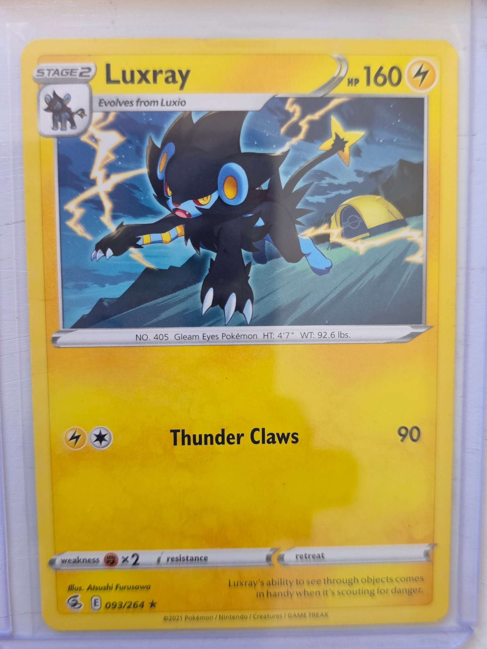 2021 Luxray Fusion Strike 093/264 Rare Pokemon Card: 2021 Pokemon Luxray card numbered 093/264 from the Sword & Shield Fusion Strike expansion set. Illustrated by Atsushi Furusawa. Stage 2 Electric-type Pokemon evolving from Luxio. Card stored in penny