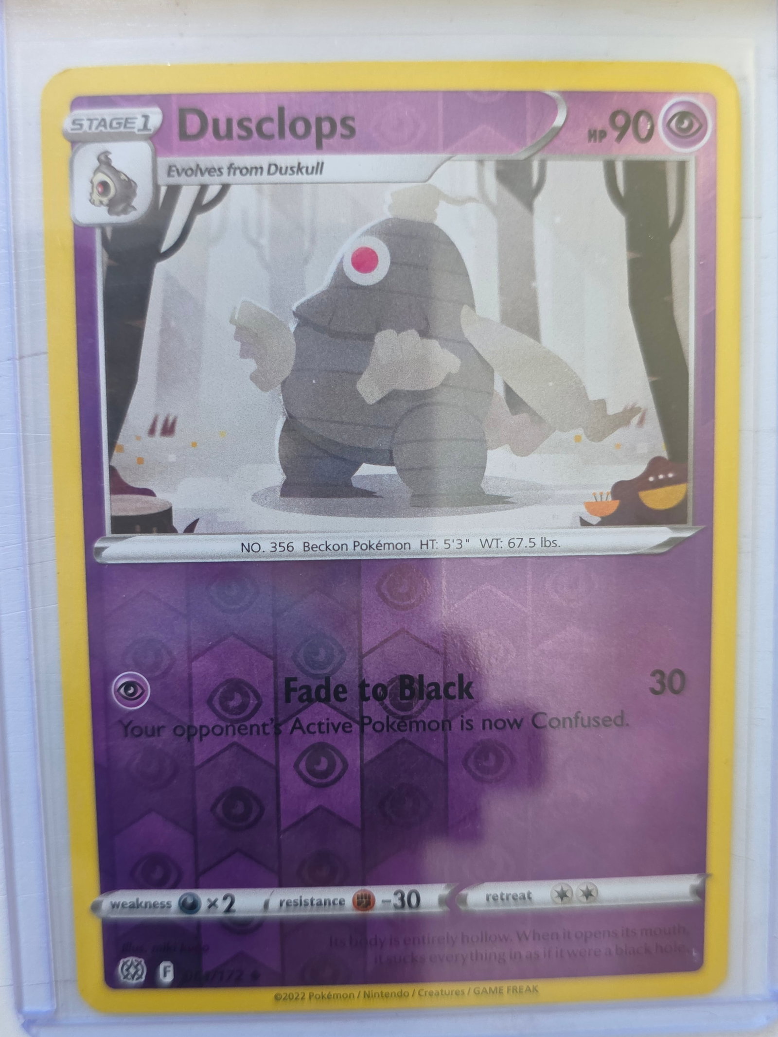 2022 Dusclops Silver Tempest 071/195 Reverse Holo Pokemon Card: 2022 Pokemon Dusclops reverse holo card numbered 071/195 from the Sword & Shield Silver Tempest expansion set. Illustrated by Mizue. Reverse holographic foil pattern across the card surface. Card stor