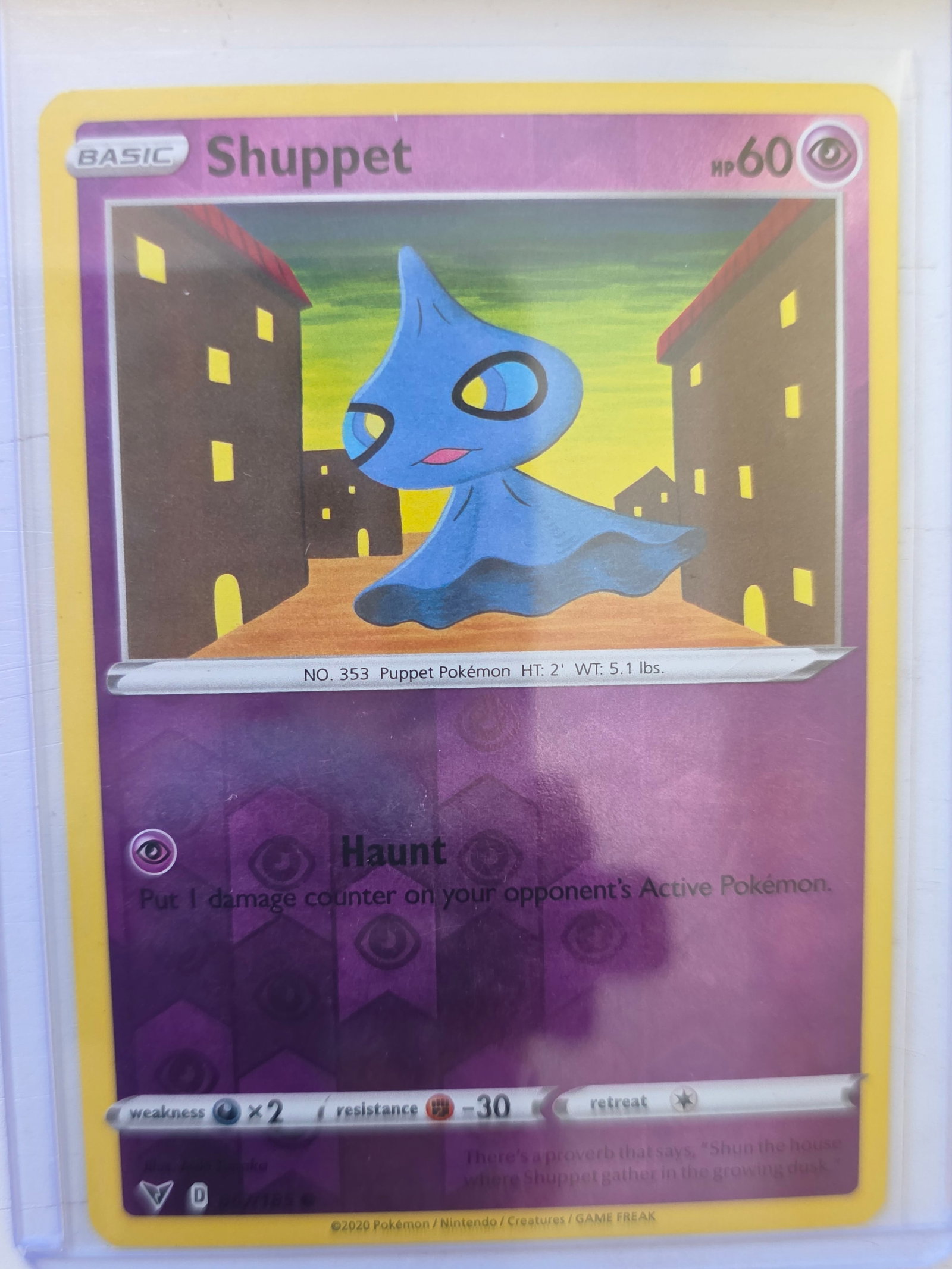 2020 Shuppet Darkness Ablaze 087/189 Reverse Holo Pokemon Card: 2020 Pokemon Shuppet reverse holo card numbered 087/189 from the Sword & Shield Darkness Ablaze expansion set. Illustrated by Kouki Saitou. Reverse holographic foil pattern across the card surface. Ca