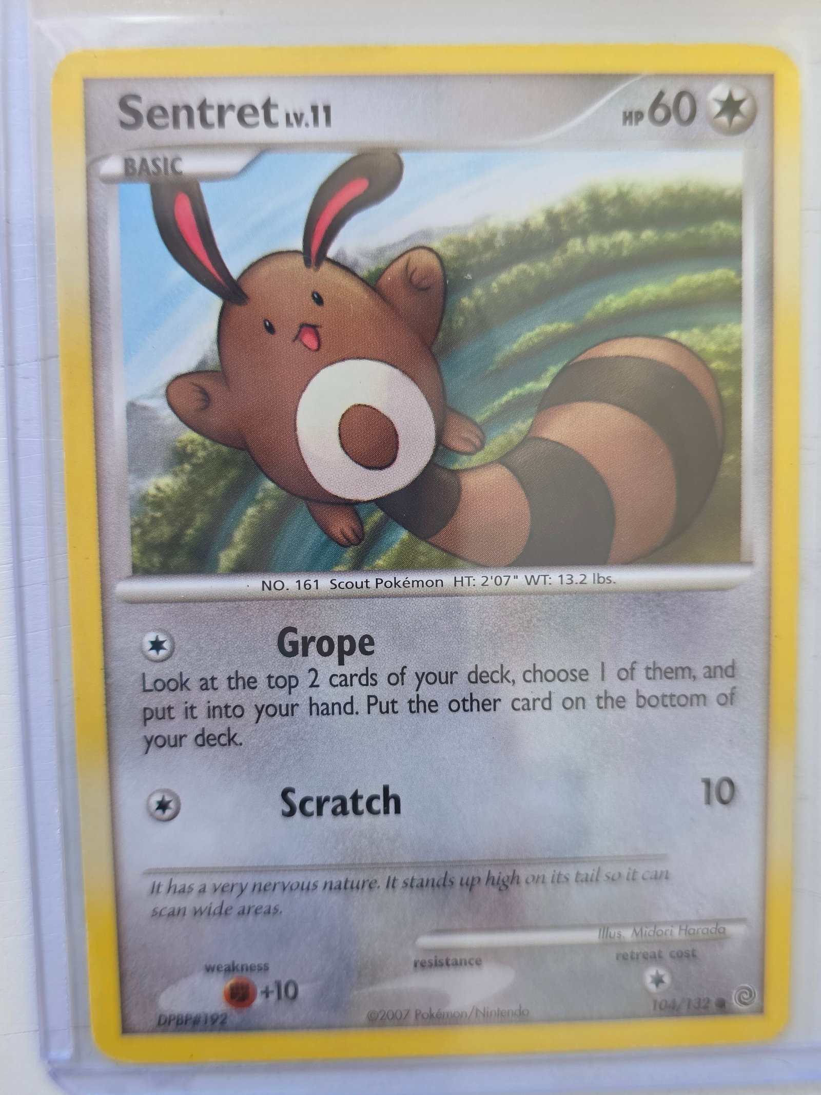 2007 Sentret Secret Wonders 104/132 Pokemon Card: 2007 Pokemon Sentret basic card numbered 104/132 from the Diamond & Pearl Secret Wonders expansion set. Illustrated by Midori Harada. Card stored in penny sleeve and top loader.