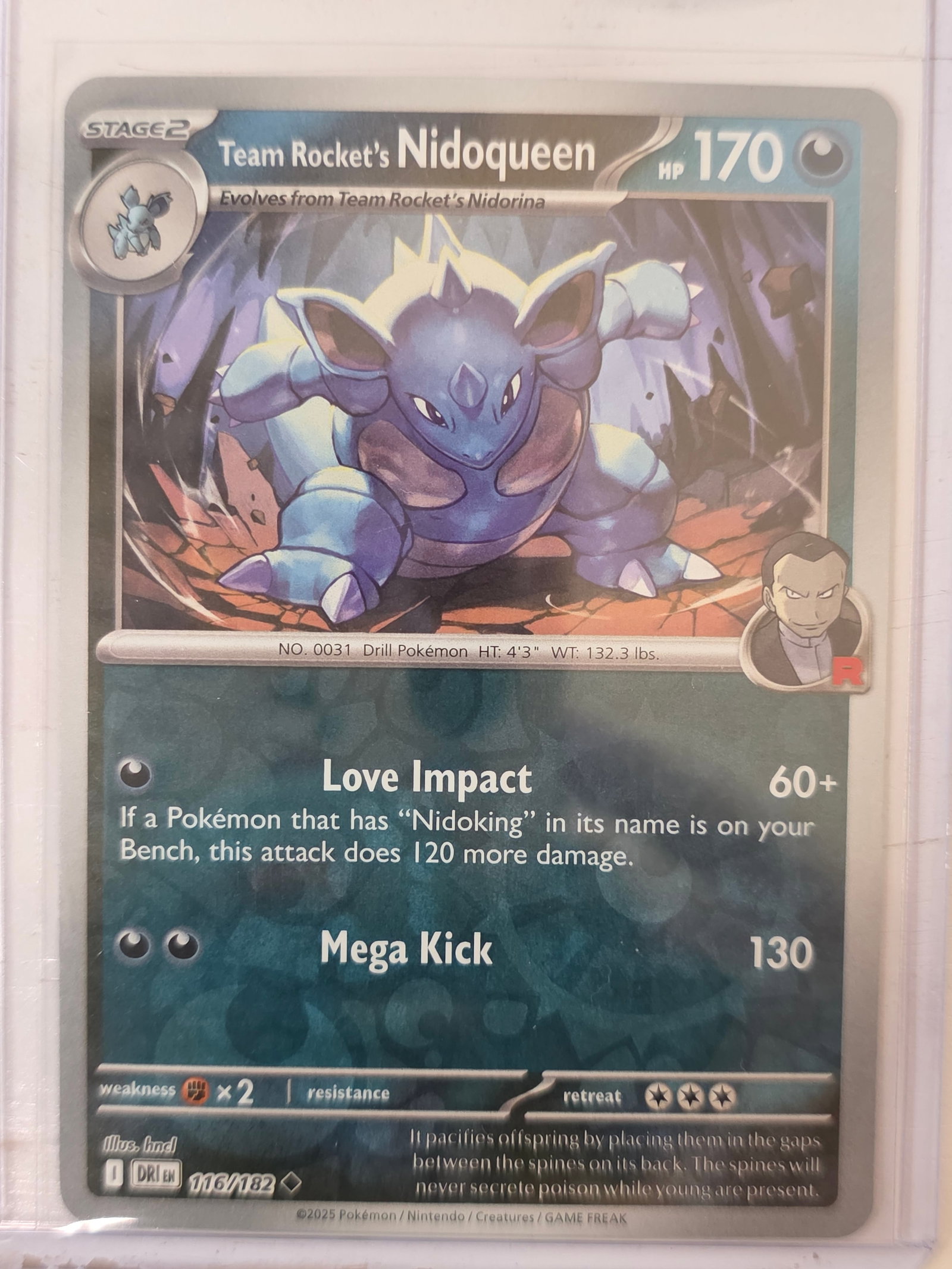 2025 Team Rocket's Nidoqueen Destined Rivals 116/182 Holo Pokemon Card: 2025 Pokemon Team Rocket's Nidoqueen holo card numbered 116/182 from the Scarlet & Violet Destined Rivals expansion set. Illustrated by hnd. Standard holographic rare card. Card stored in penny sleeve