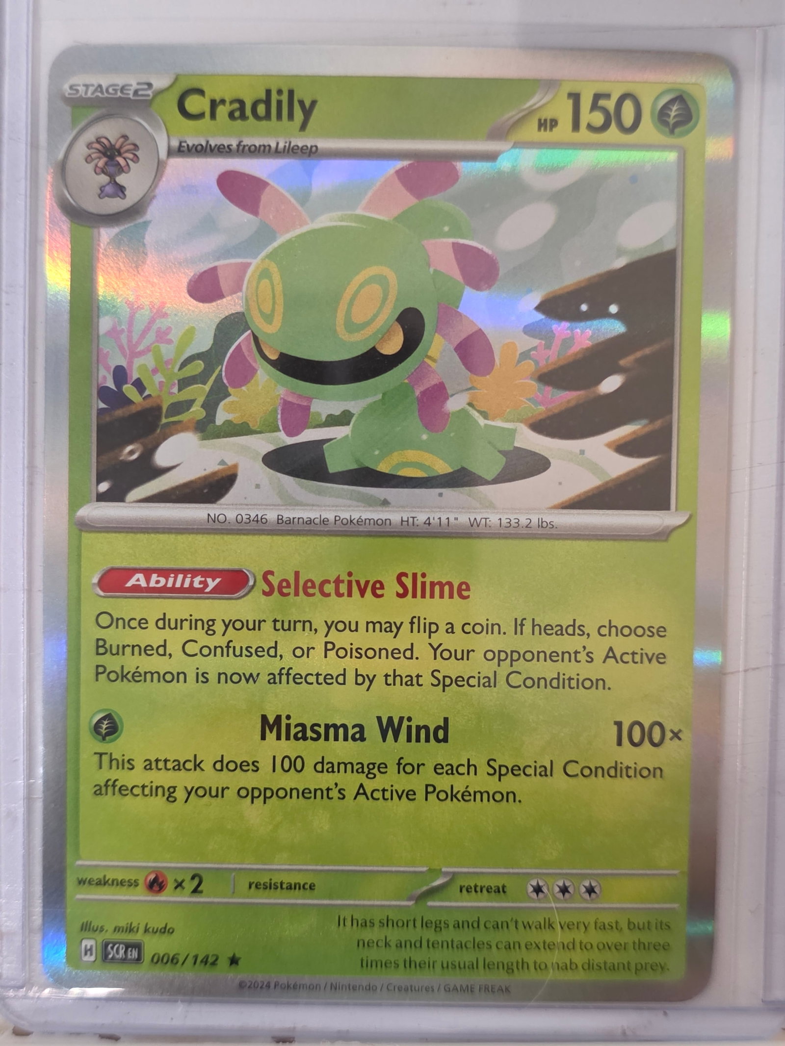 2024 Cradily Stellar Crown 006/142 Holo Rare Pokemon Card: 2024 Pokemon Cradily holographic rare card numbered 006/142 from the Scarlet & Violet Stellar Crown expansion set. Illustrated by miki kudo. Standard holographic rare finish. Card stored in penny slee