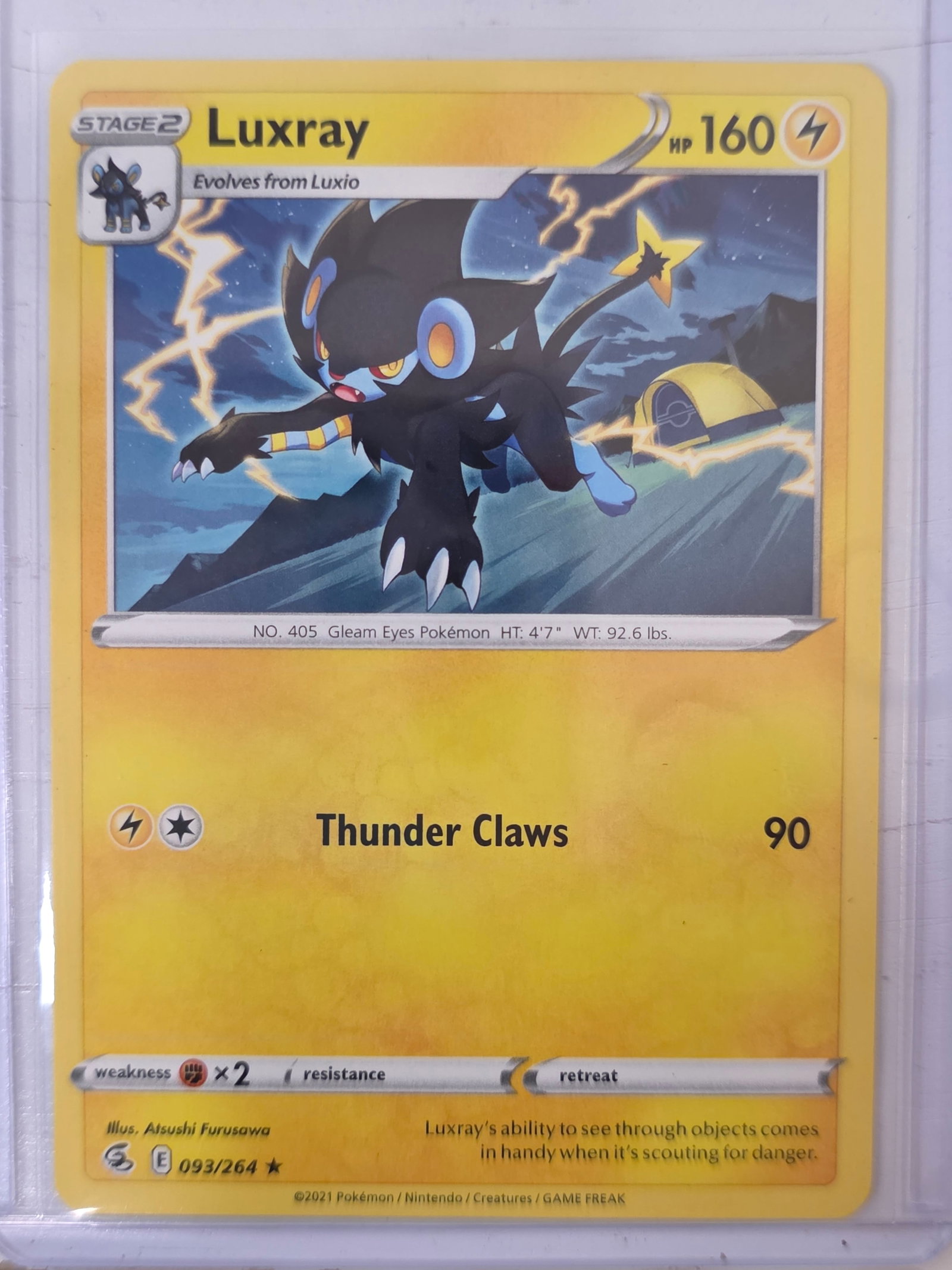 2021 Luxray Fusion Strike 093/264 Holo Pokemon Card: 2021 Pokemon Luxray holographic card numbered 093/264 from the Sword & Shield Fusion Strike expansion set. Illustrated by Atsushi Furusawa. Standard holographic finish across the illustration area. Ca