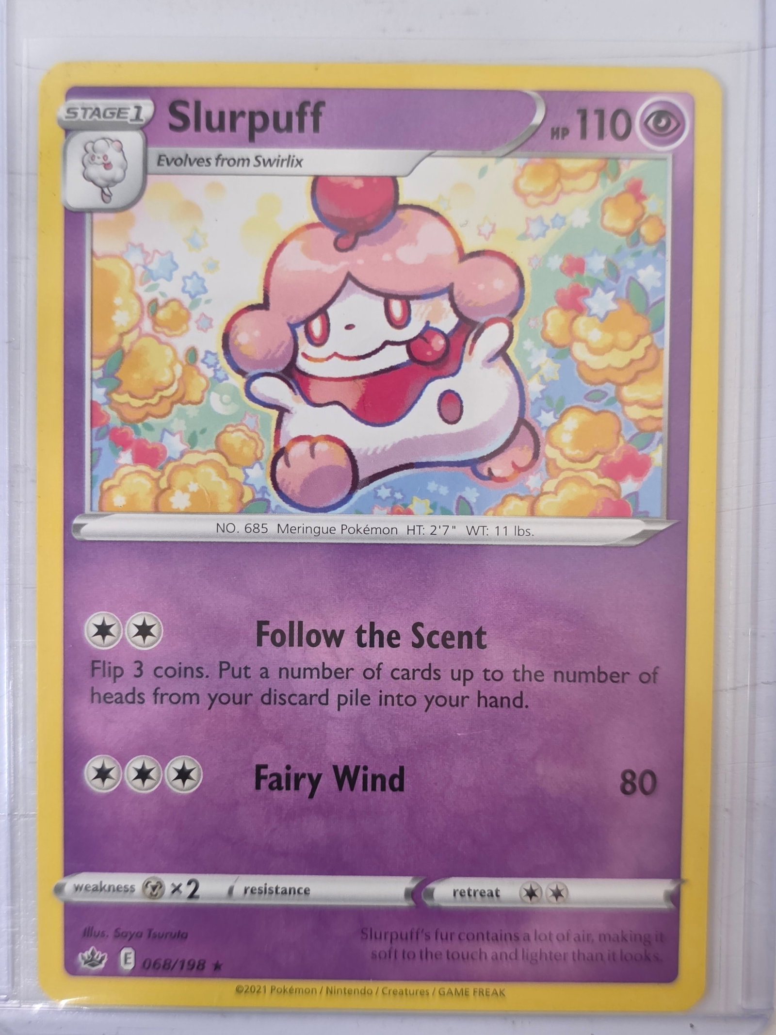2021 Slurpuff Chilling Reign 068/198 Rare Pokemon Card: 2021 Pokemon Slurpuff card numbered 068/198 from the Sword & Shield Chilling Reign expansion set. Illustrated by Saya Tsuruta. Standard non-holographic rare card. Card stored in penny sleeve and top l