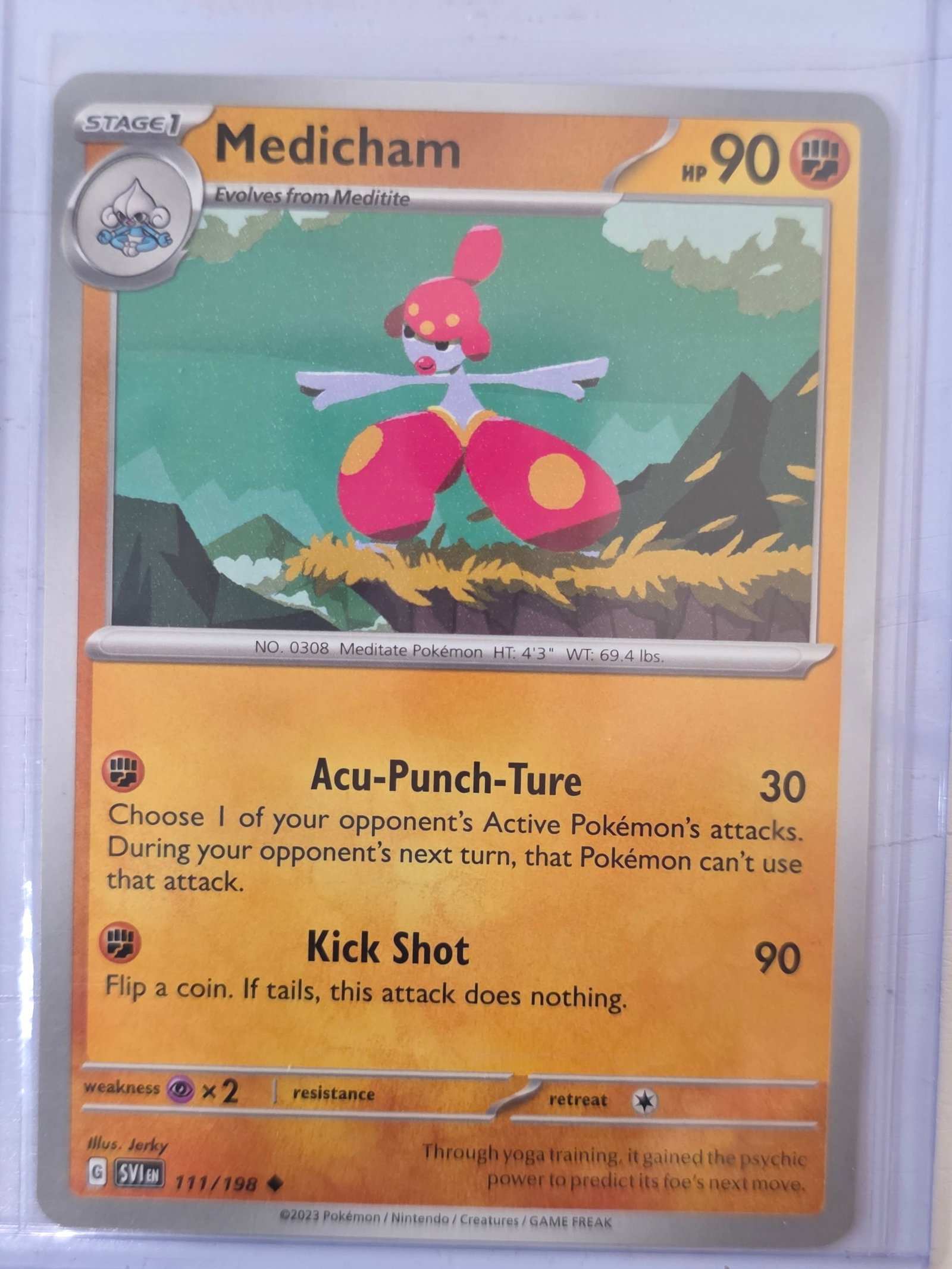 2023 Medicham Scarlet & Violet 111/198 Pokemon Card: 2023 Pokemon Medicham card numbered 111/198 from the Scarlet & Violet base expansion set. Illustrated by Jerky. Standard non-holographic card finish. Card stored in penny sleeve and top loader.