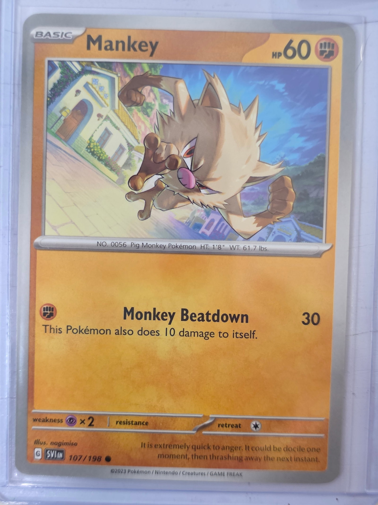 2023 Mankey Scarlet & Violet 107/198 Pokemon Card: 2023 Pokemon Mankey card numbered 107/198 from the Scarlet & Violet base set. Illustrated by nagimiso. Standard non-holographic card. Card stored in penny sleeve and top loader.
