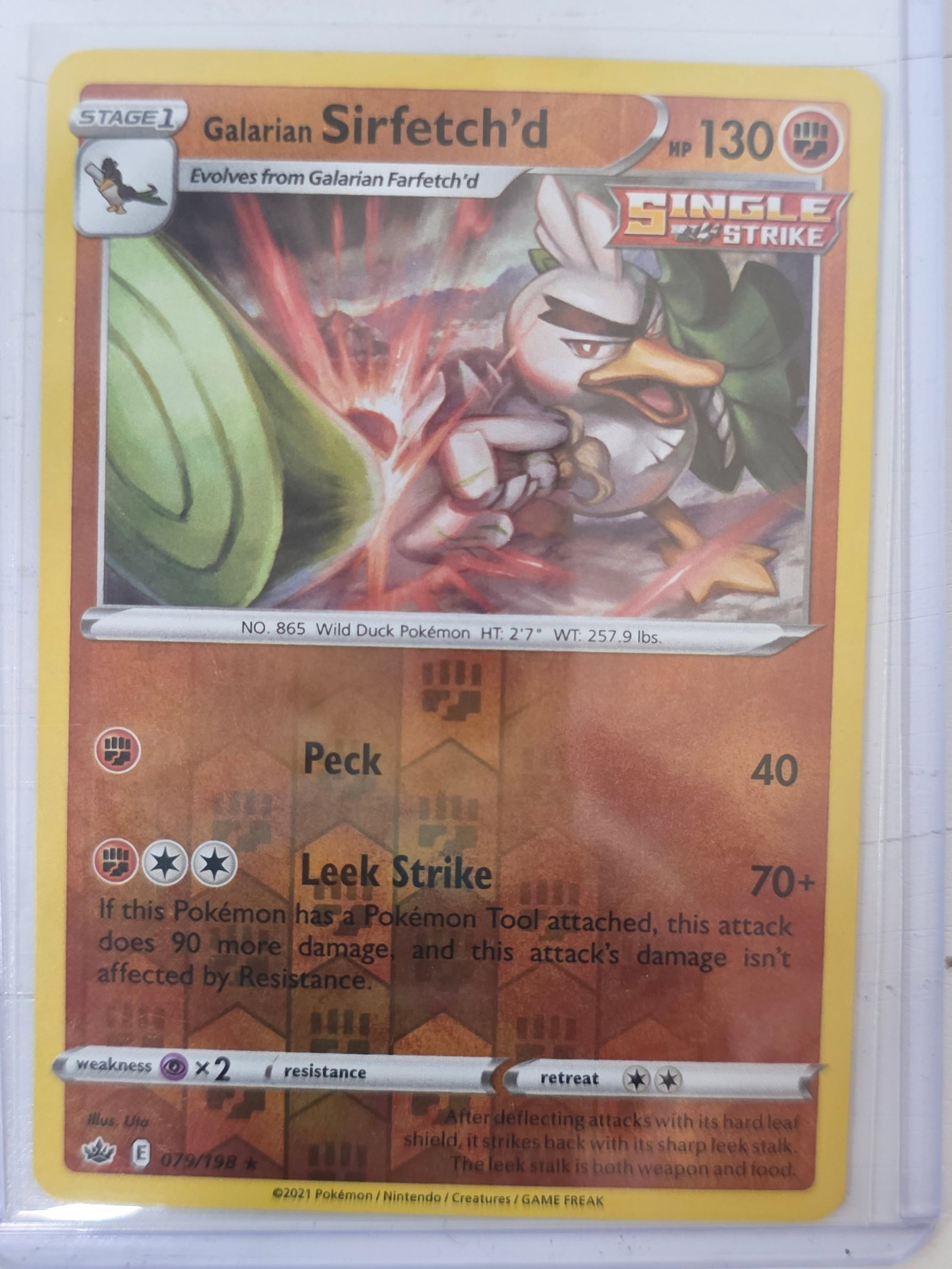 2021 Galarian Sirfetchd Chilling Reign 079/198 Reverse Holo Pokemon Card: 2021 Pokemon Galarian Sirfetchd reverse holo card numbered 079/198 from the Sword & Shield Chilling Reign expansion set. Illustrated by Uta. Reverse holographic foil pattern across the card surface. C