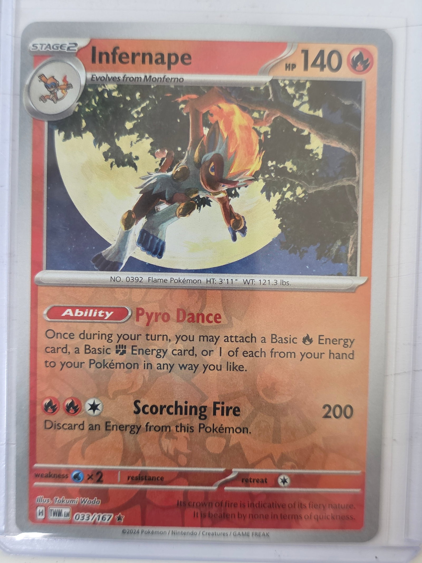 2024 Infernape Twilight Masquerade 033/167 Rare: 2024 Pokemon Infernape rare card numbered 033/167 from the Scarlet & Violet Twilight Masquerade expansion set. Illustrated by Takumi Wada. Card stored in penny sleeve and top loader.